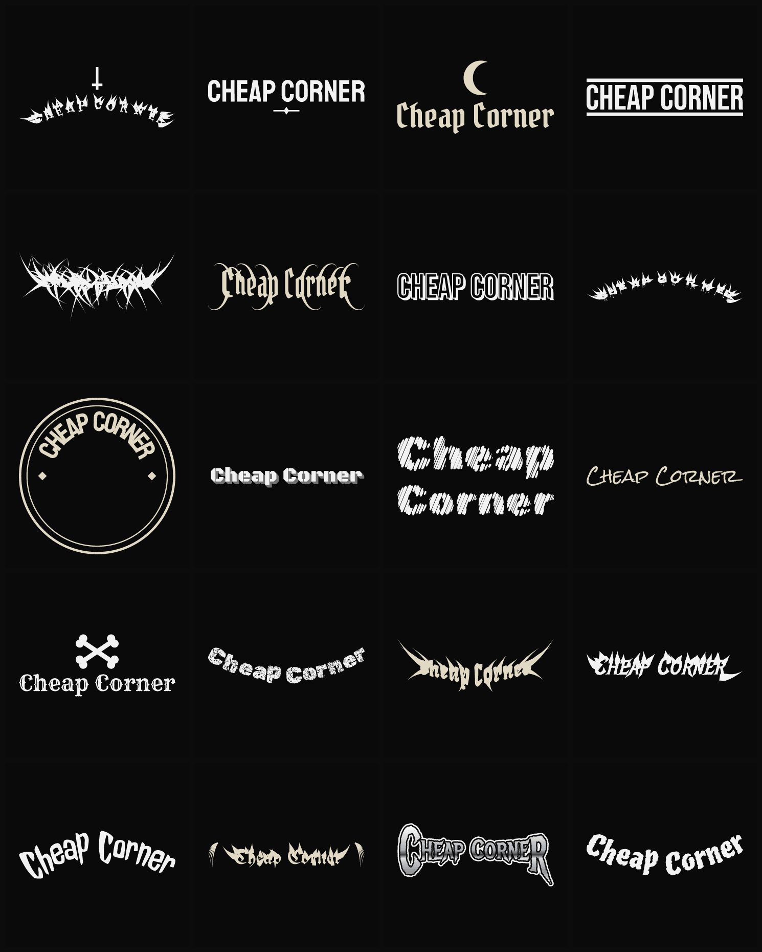 Twenty Cheap Corner band logo ideas — different faces, treatments and spike settings