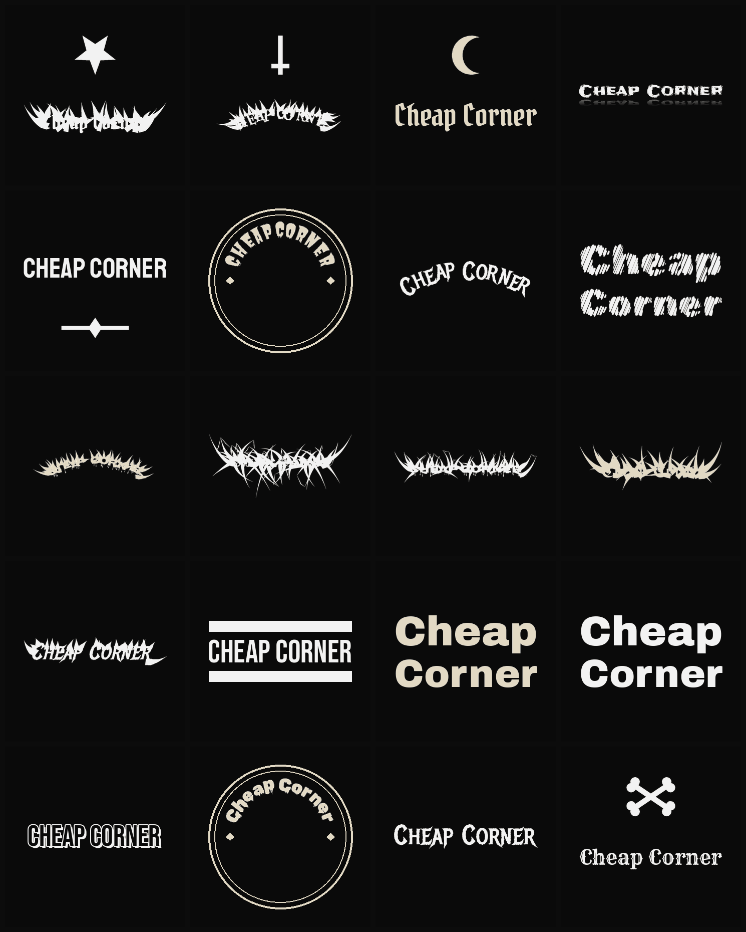Twenty Cheap Corner band logo ideas — different faces, treatments and spike settings