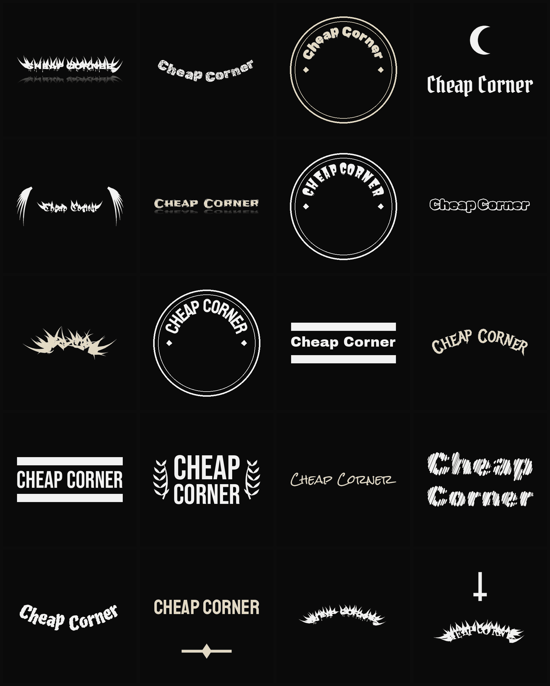 Twenty Cheap Corner band logo ideas — different faces, treatments and spike settings