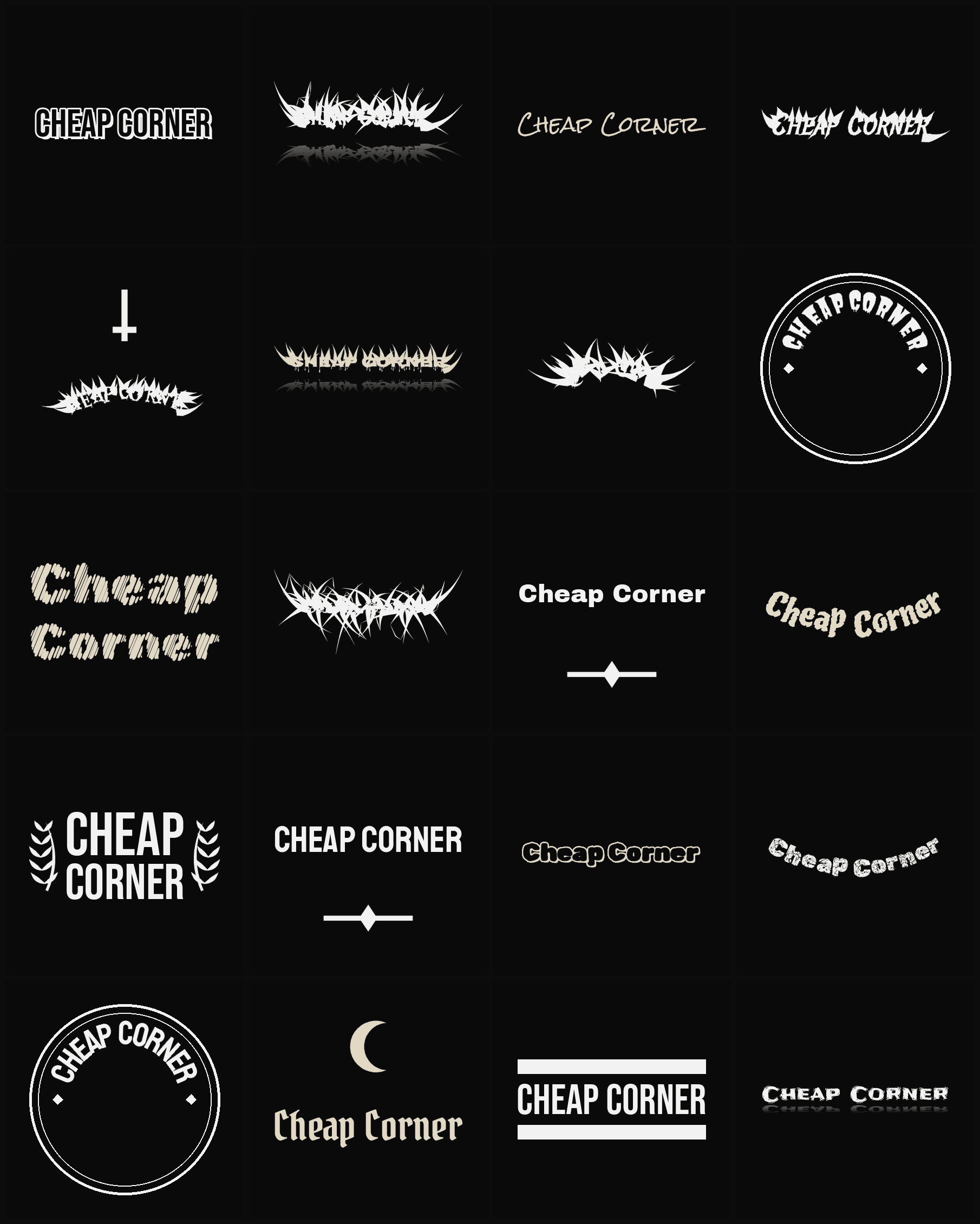 Twenty Cheap Corner band logo ideas — different faces, treatments and spike settings