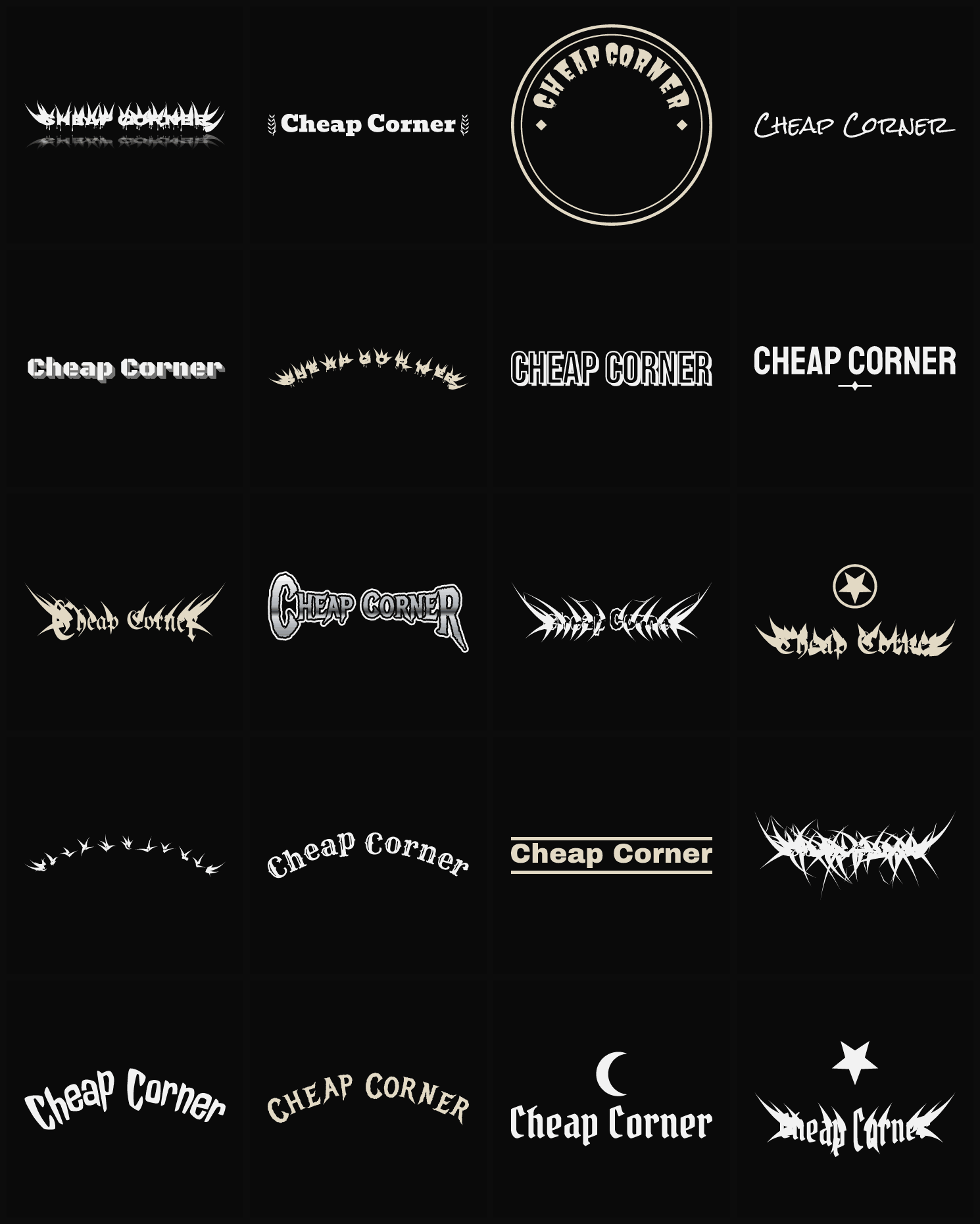 Twenty Cheap Corner band logo ideas — different faces, treatments and spike settings