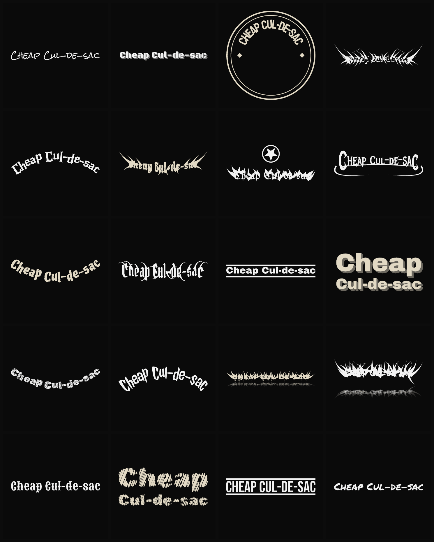 Twenty Cheap Cul-de-sac band logo ideas — different faces, treatments and spike settings