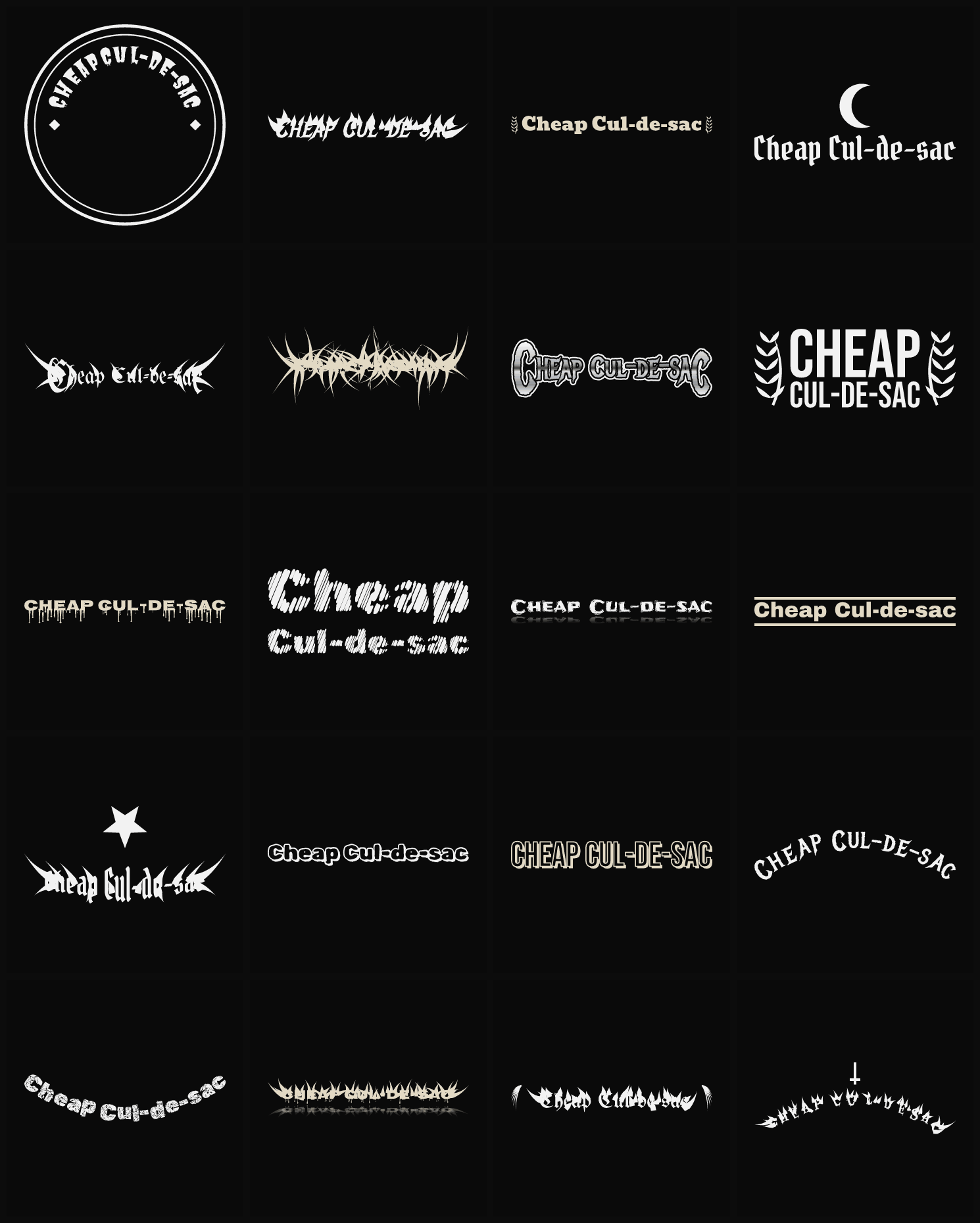 Twenty Cheap Cul-de-sac band logo ideas — different faces, treatments and spike settings