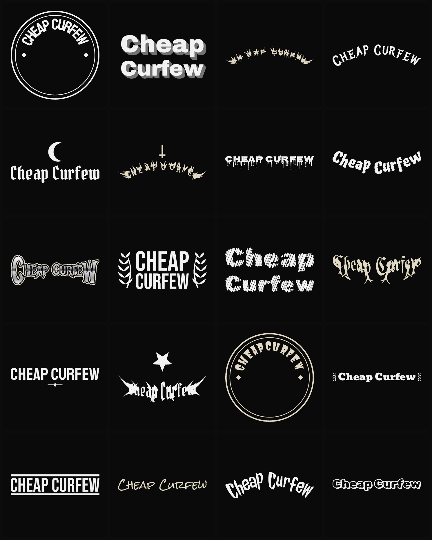 Twenty Cheap Curfew band logo ideas — different faces, treatments and spike settings