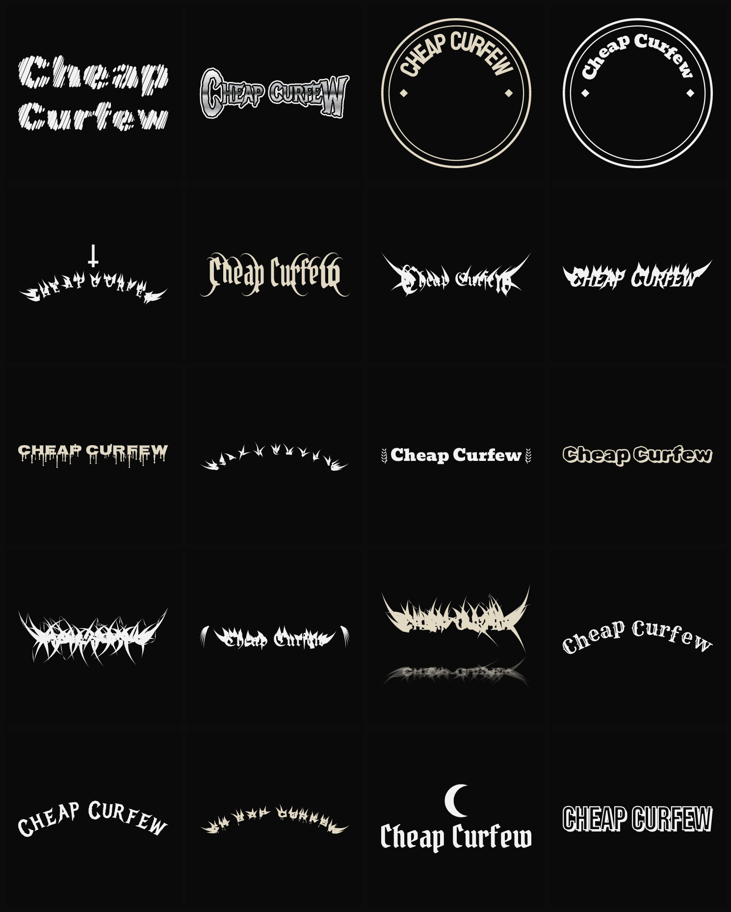 Twenty Cheap Curfew band logo ideas — different faces, treatments and spike settings