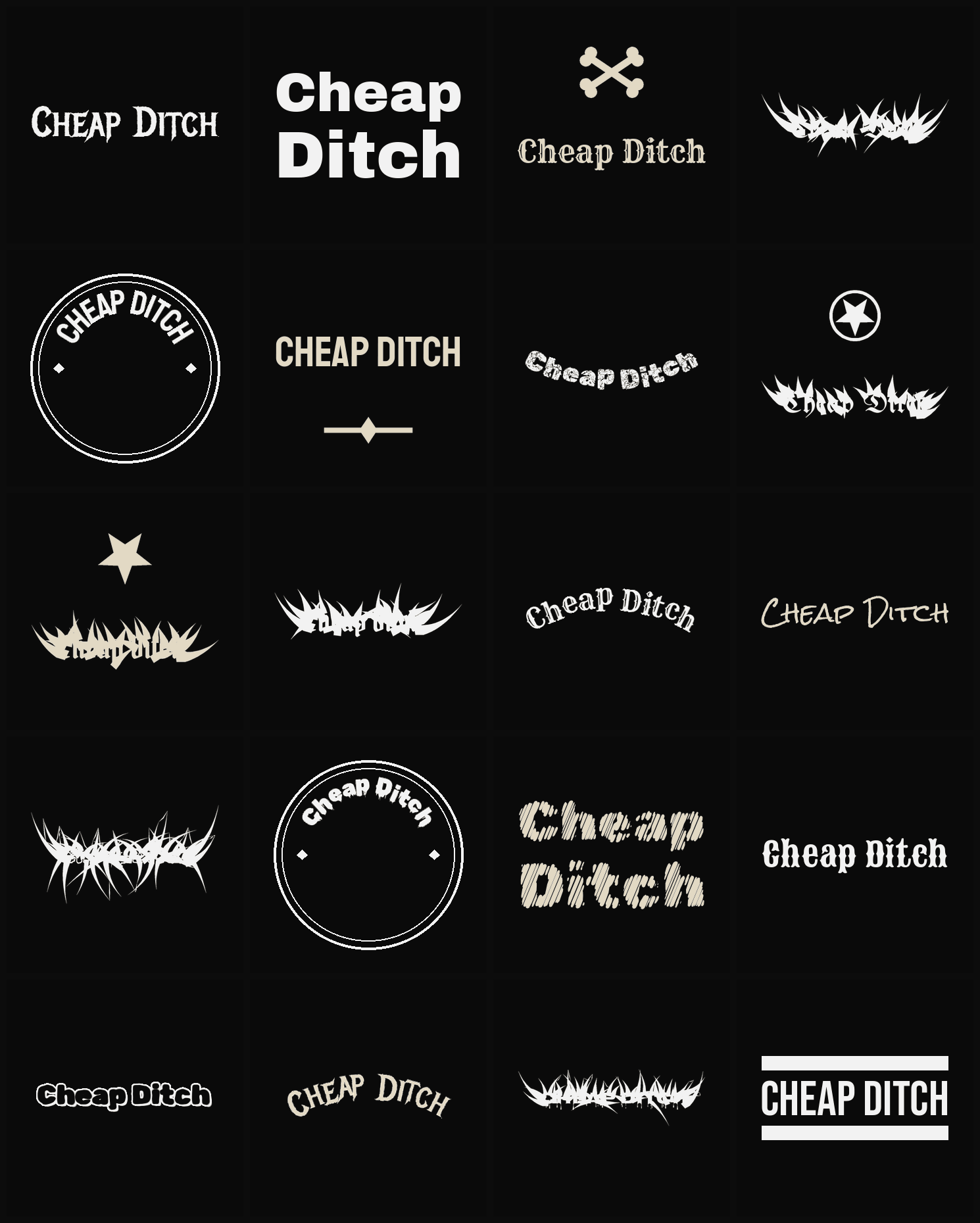 Twenty Cheap Ditch band logo ideas — different faces, treatments and spike settings
