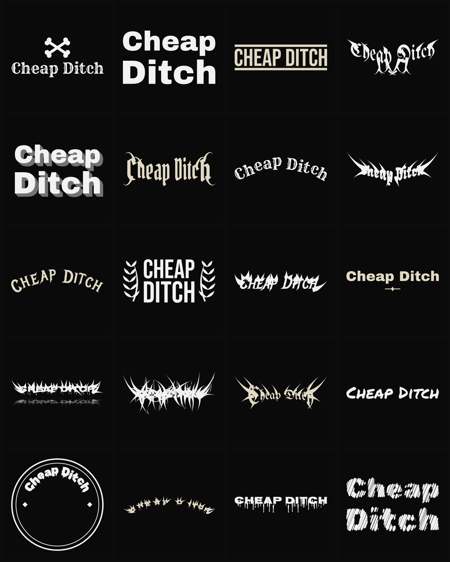 Twenty Cheap Ditch band logo ideas — different faces, treatments and spike settings
