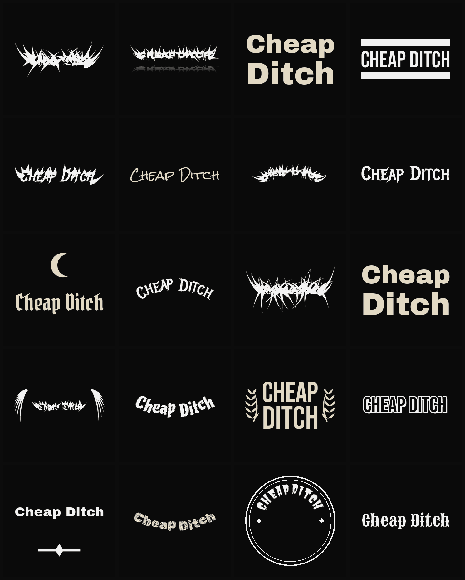 Twenty Cheap Ditch band logo ideas — different faces, treatments and spike settings