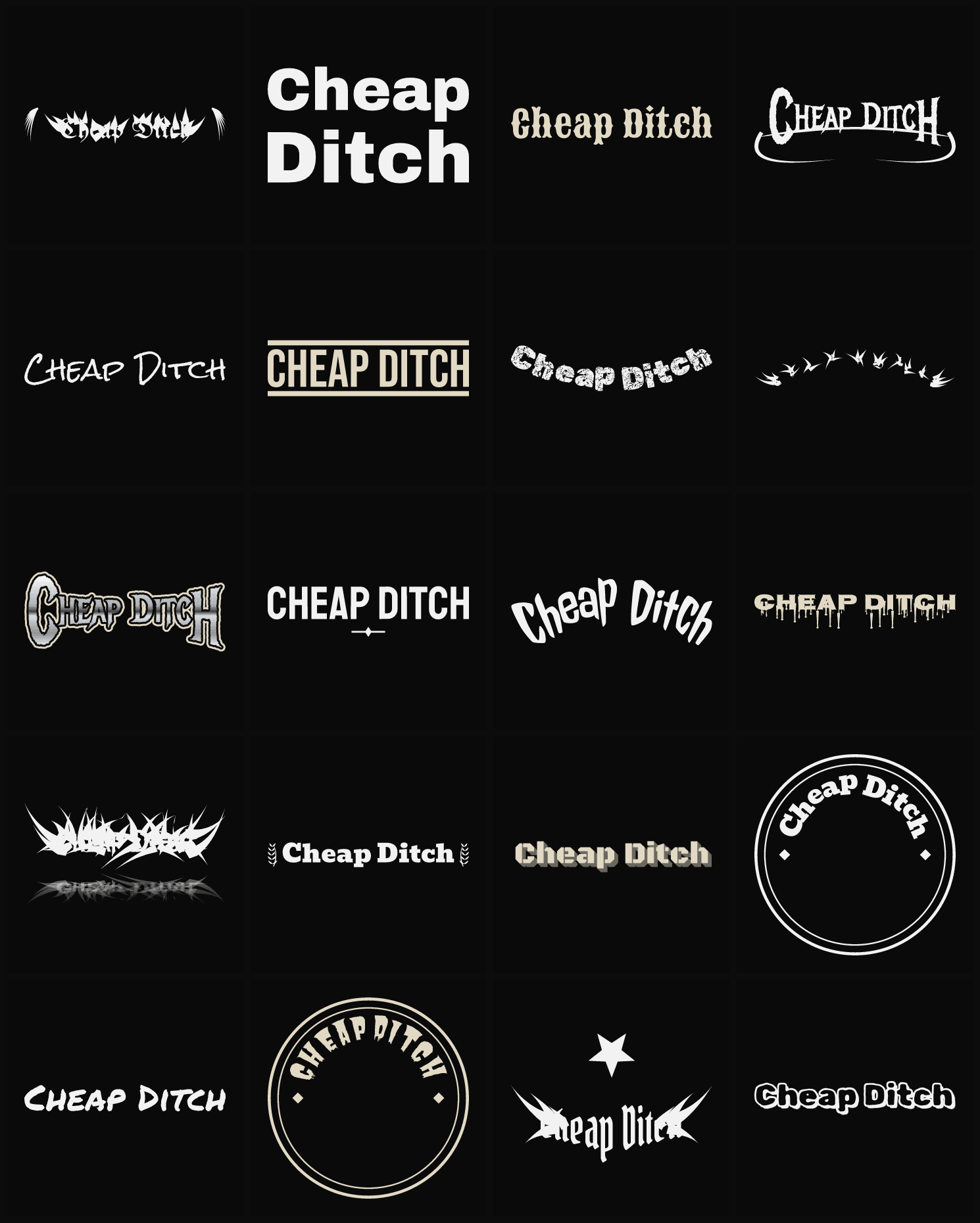 Twenty Cheap Ditch band logo ideas — different faces, treatments and spike settings