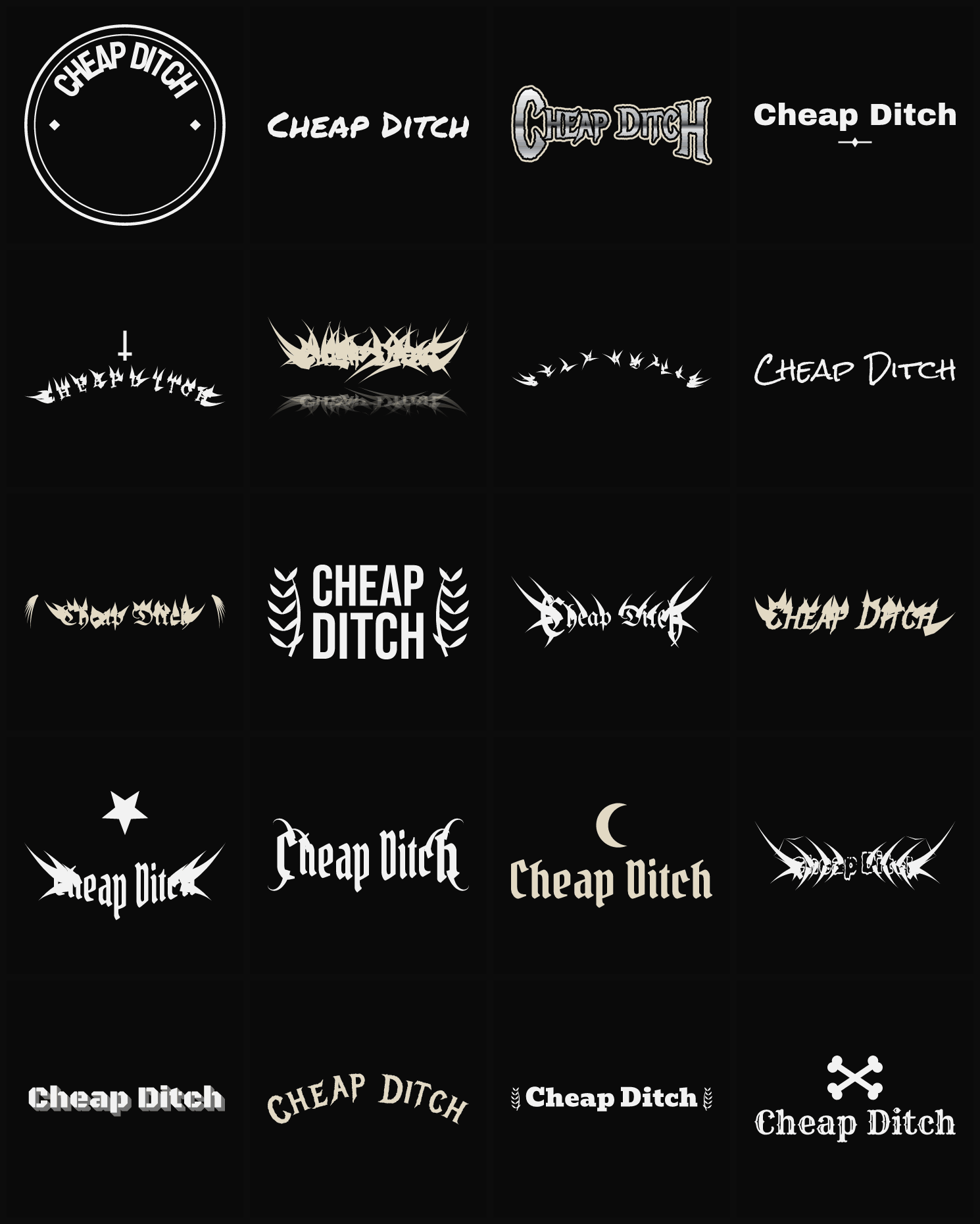 Twenty Cheap Ditch band logo ideas — different faces, treatments and spike settings