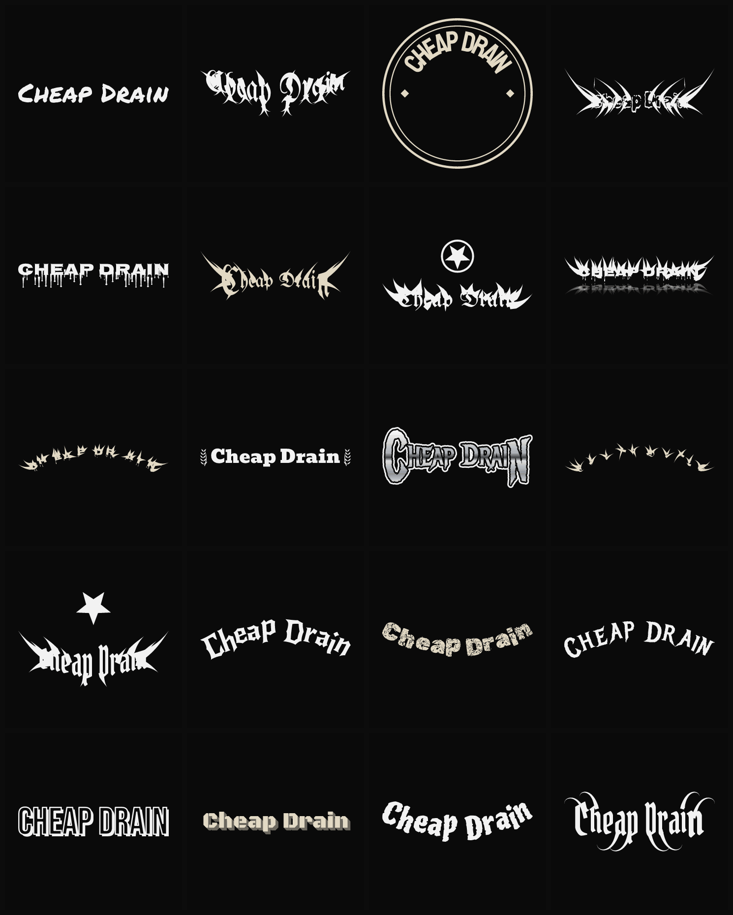 Twenty Cheap Drain band logo ideas — different faces, treatments and spike settings
