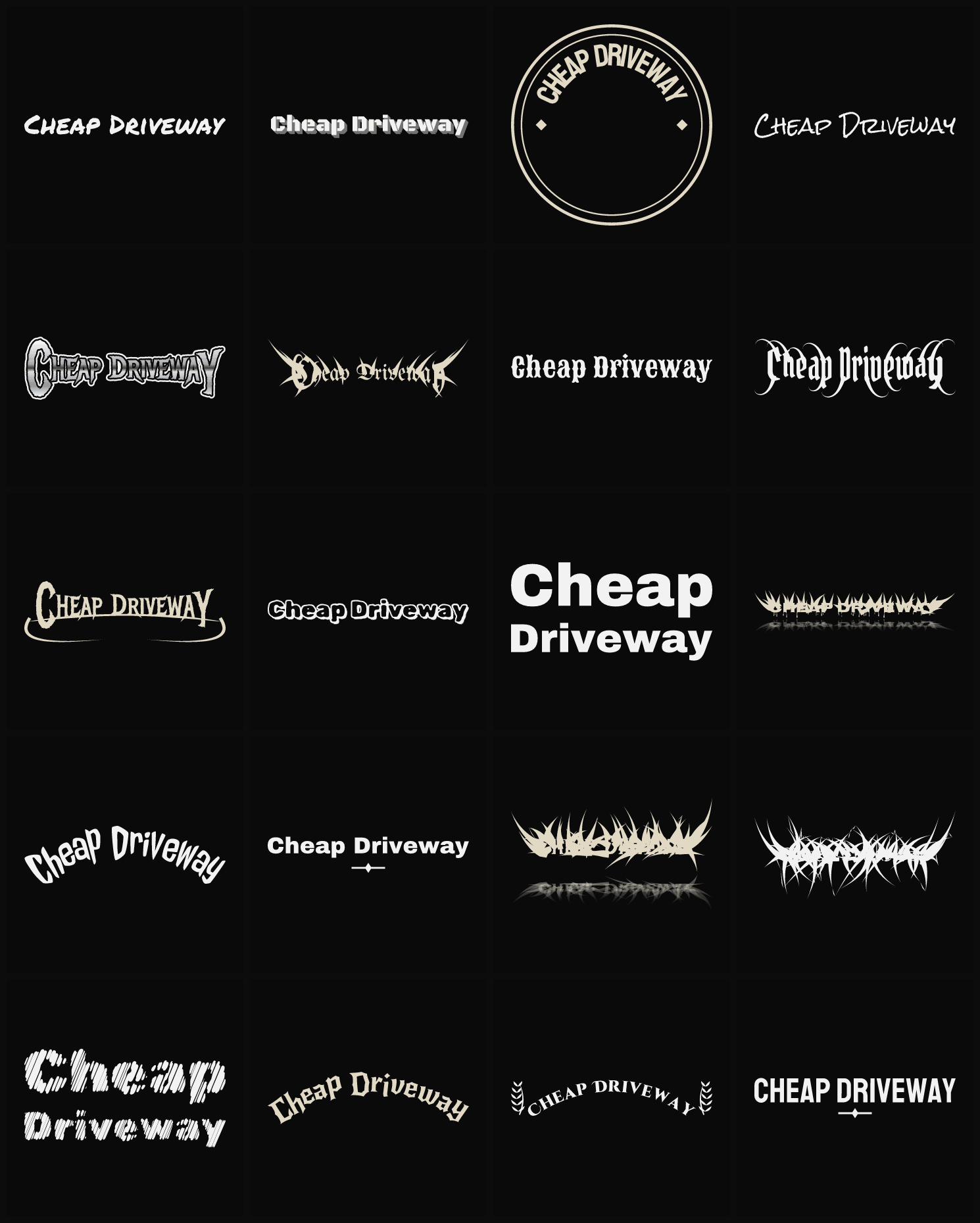 Twenty Cheap Driveway band logo ideas — different faces, treatments and spike settings