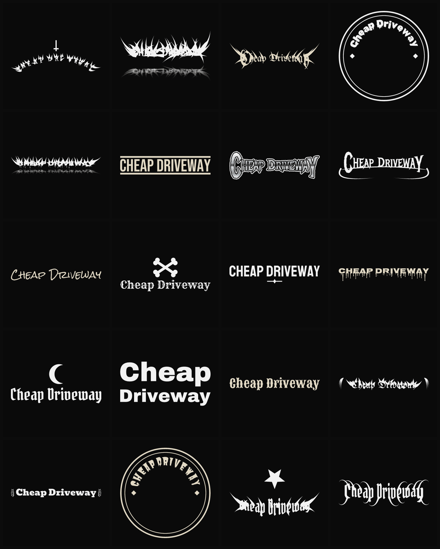Twenty Cheap Driveway band logo ideas — different faces, treatments and spike settings