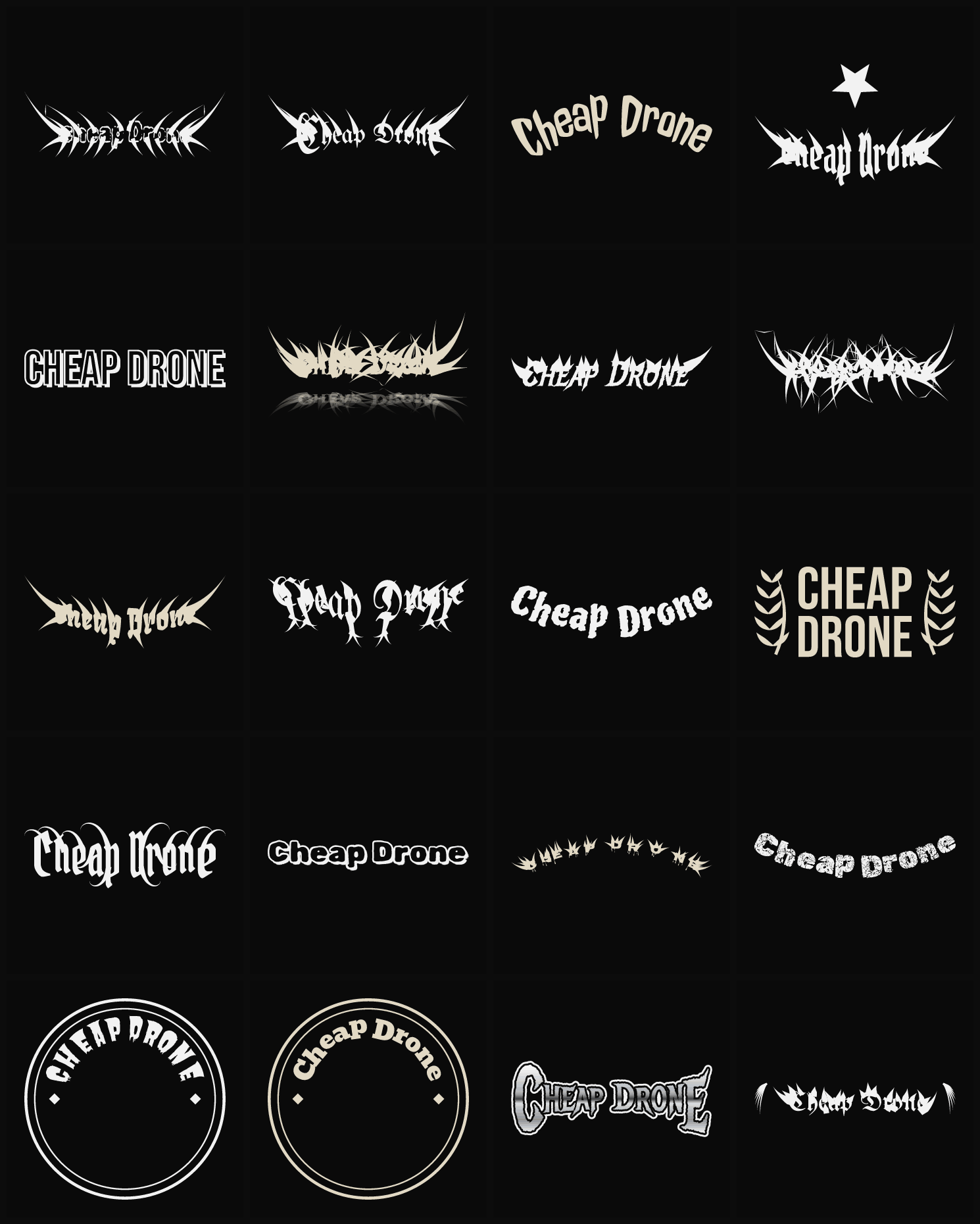Twenty Cheap Drone band logo ideas — different faces, treatments and spike settings