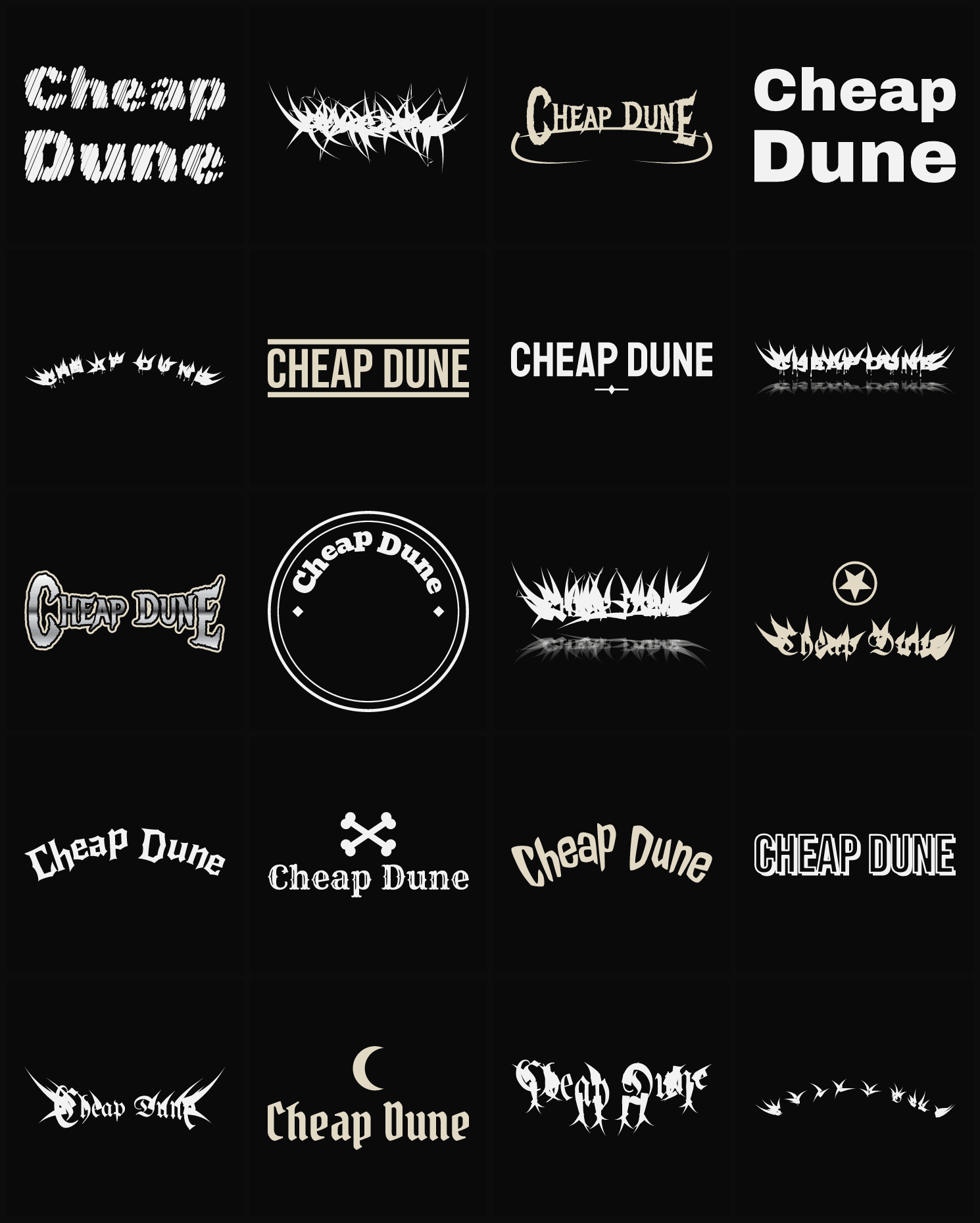 Twenty Cheap Dune band logo ideas — different faces, treatments and spike settings