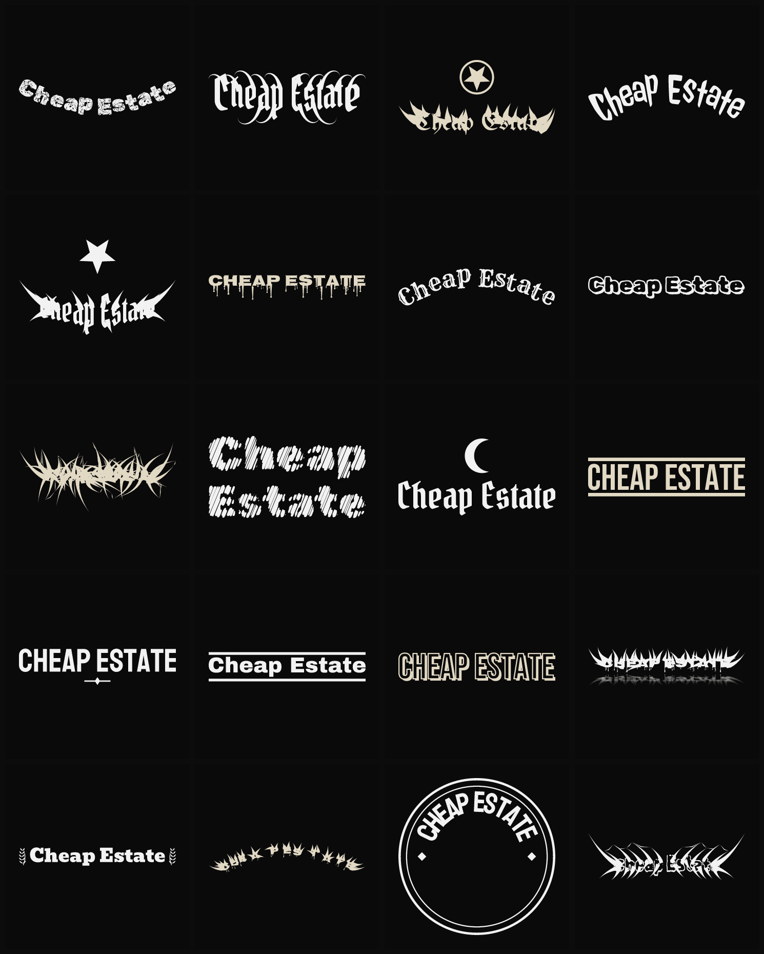 Twenty Cheap Estate band logo ideas — different faces, treatments and spike settings