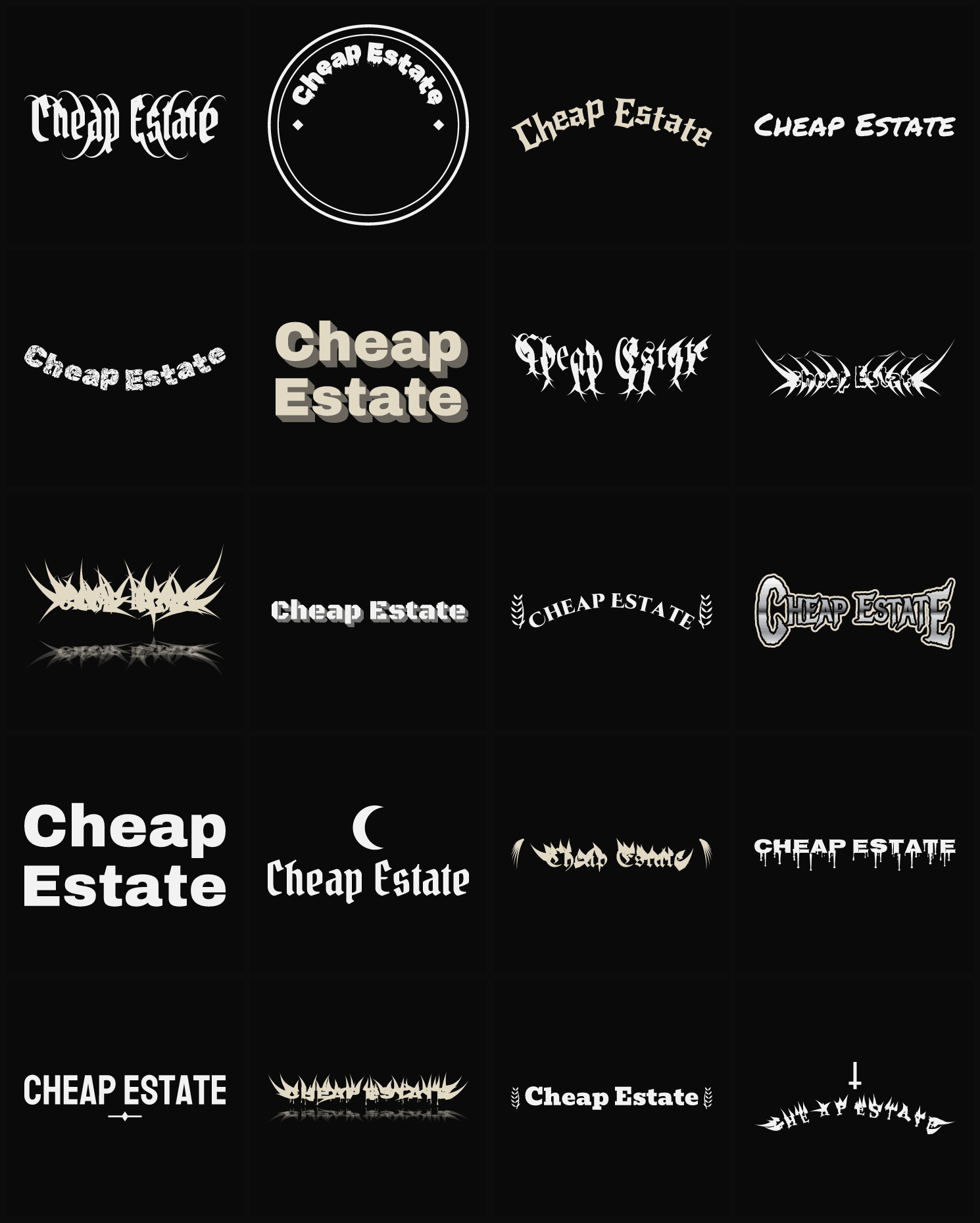 Twenty Cheap Estate band logo ideas — different faces, treatments and spike settings