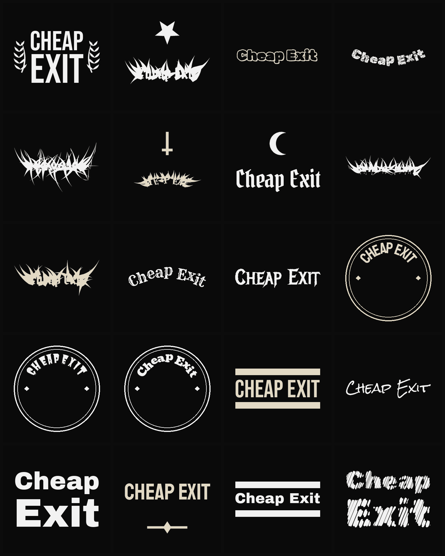 Twenty Cheap Exit band logo ideas — different faces, treatments and spike settings