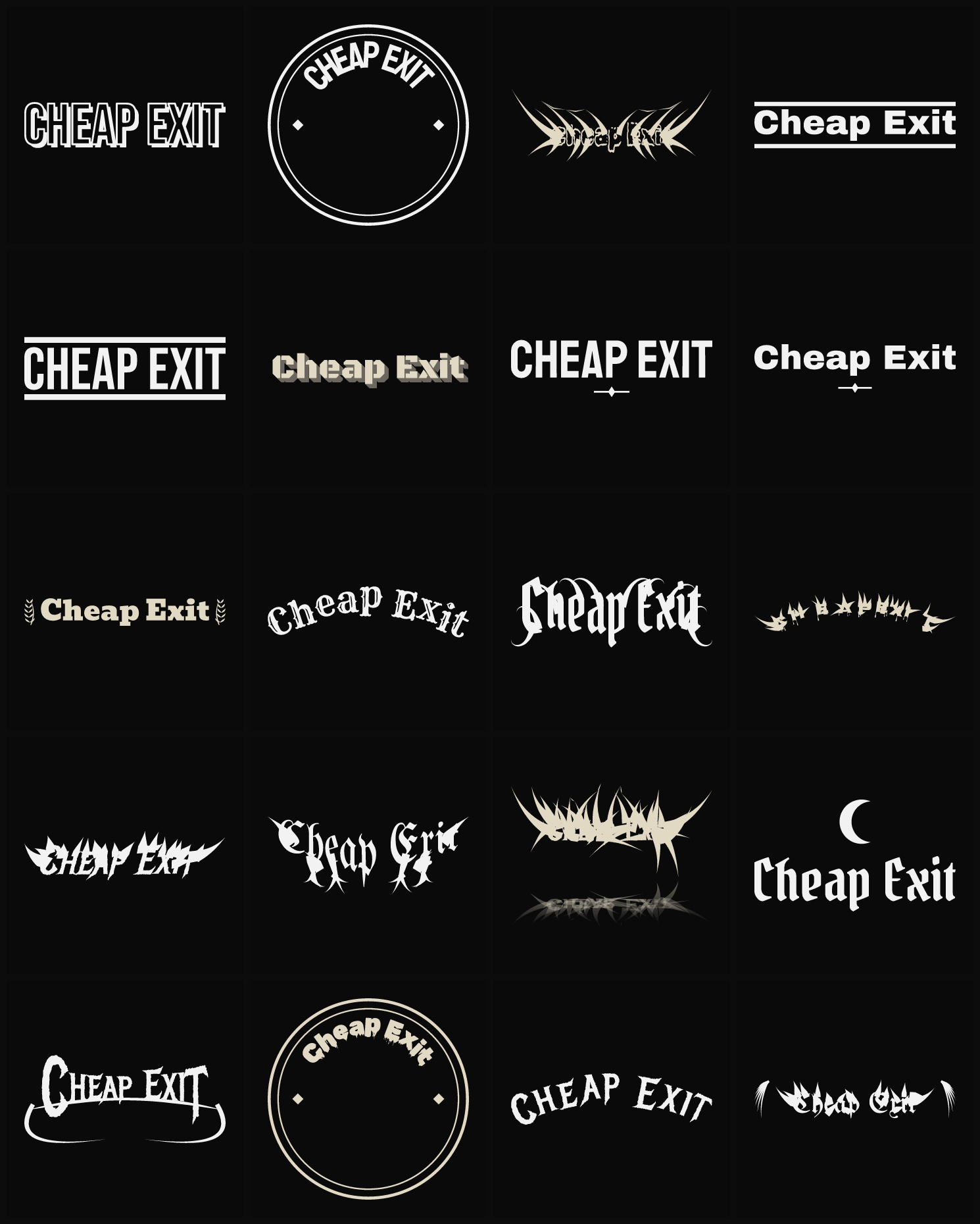 Twenty Cheap Exit band logo ideas — different faces, treatments and spike settings