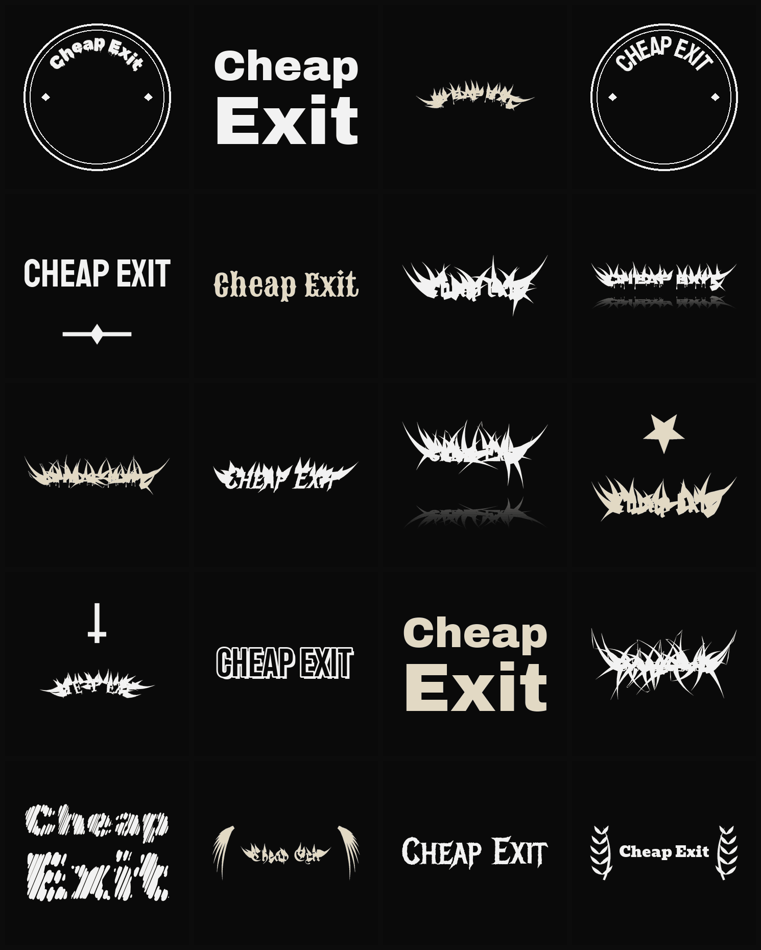 Twenty Cheap Exit band logo ideas — different faces, treatments and spike settings