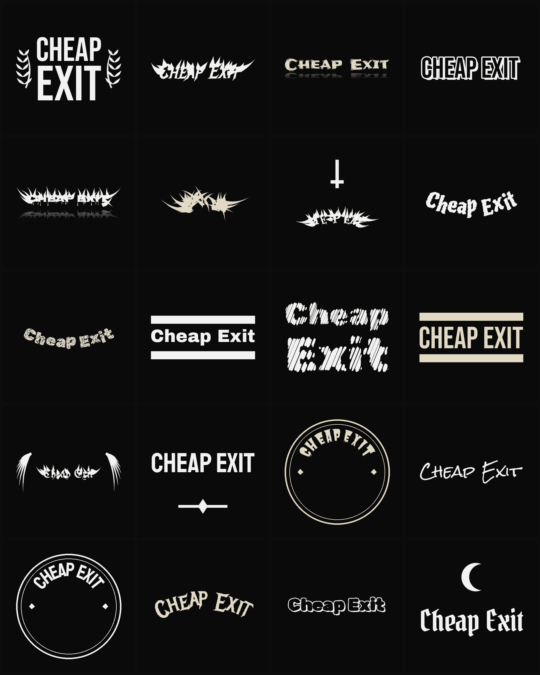 Twenty Cheap Exit band logo ideas — different faces, treatments and spike settings