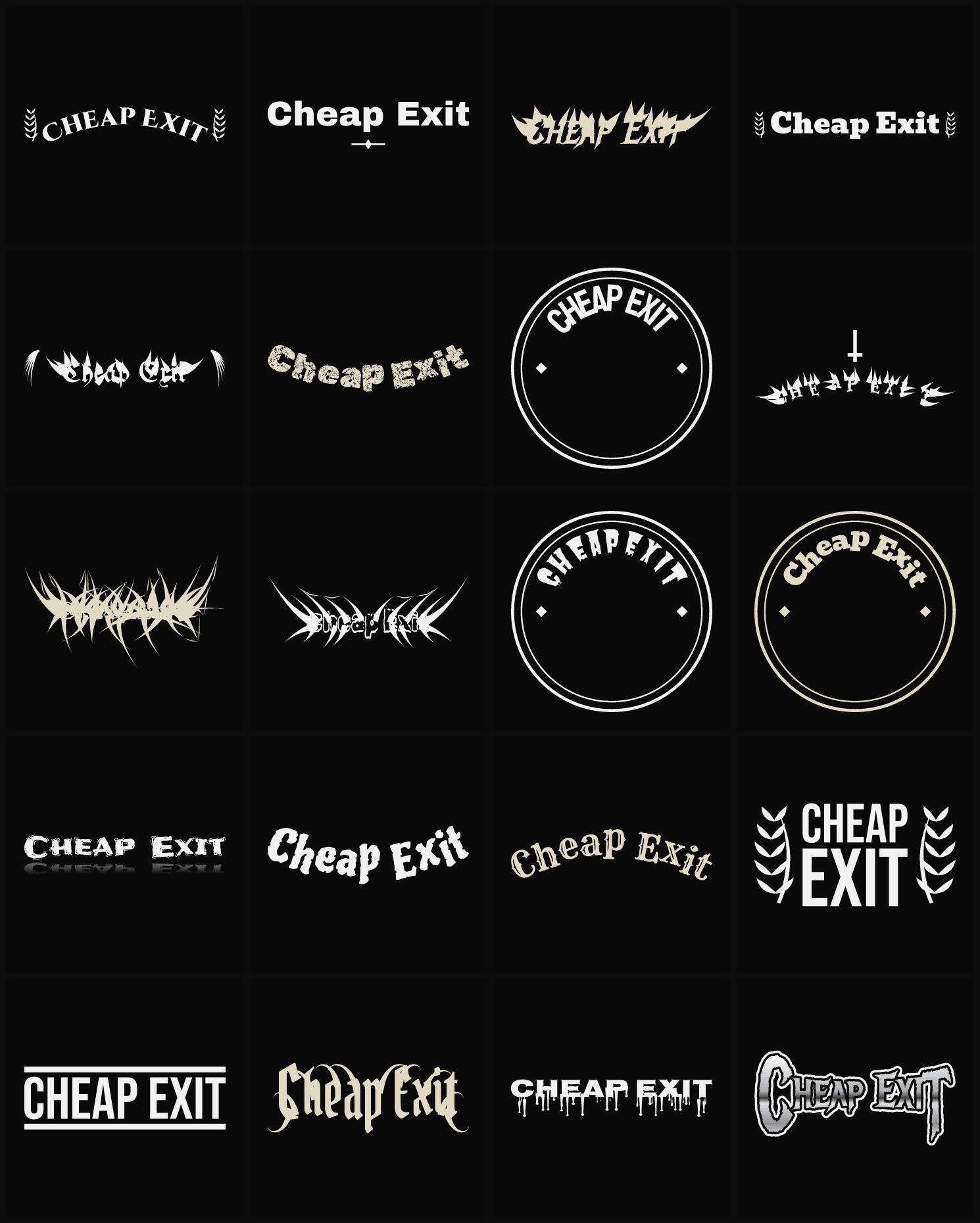 Twenty Cheap Exit band logo ideas — different faces, treatments and spike settings