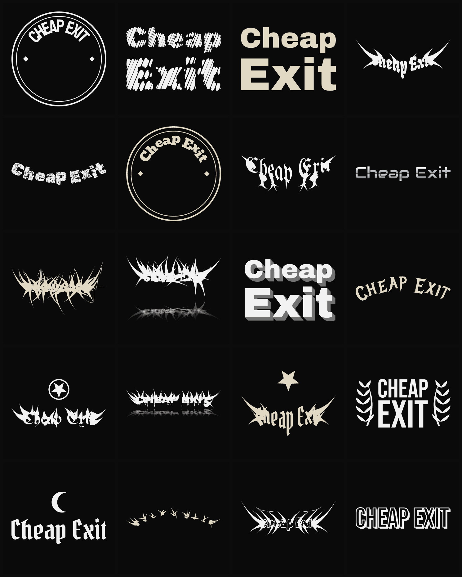 Twenty Cheap Exit band logo ideas — different faces, treatments and spike settings