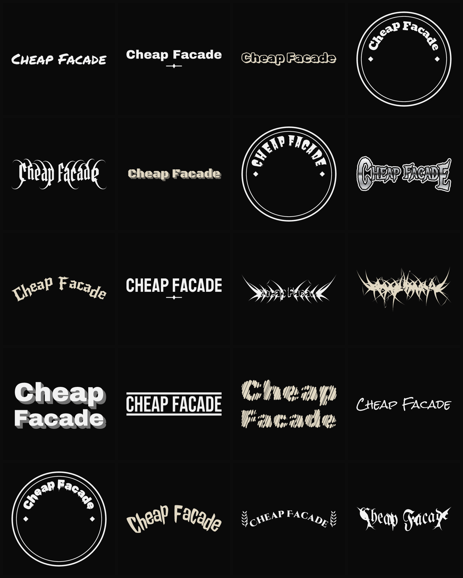 Twenty Cheap Facade band logo ideas — different faces, treatments and spike settings