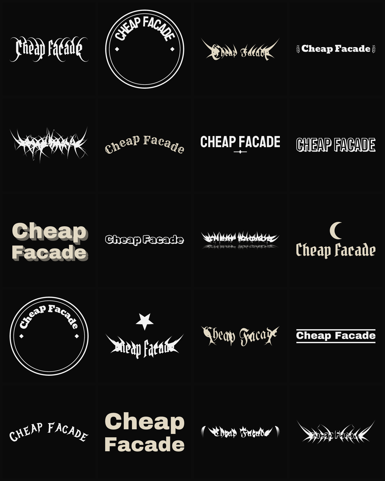 Twenty Cheap Facade band logo ideas — different faces, treatments and spike settings