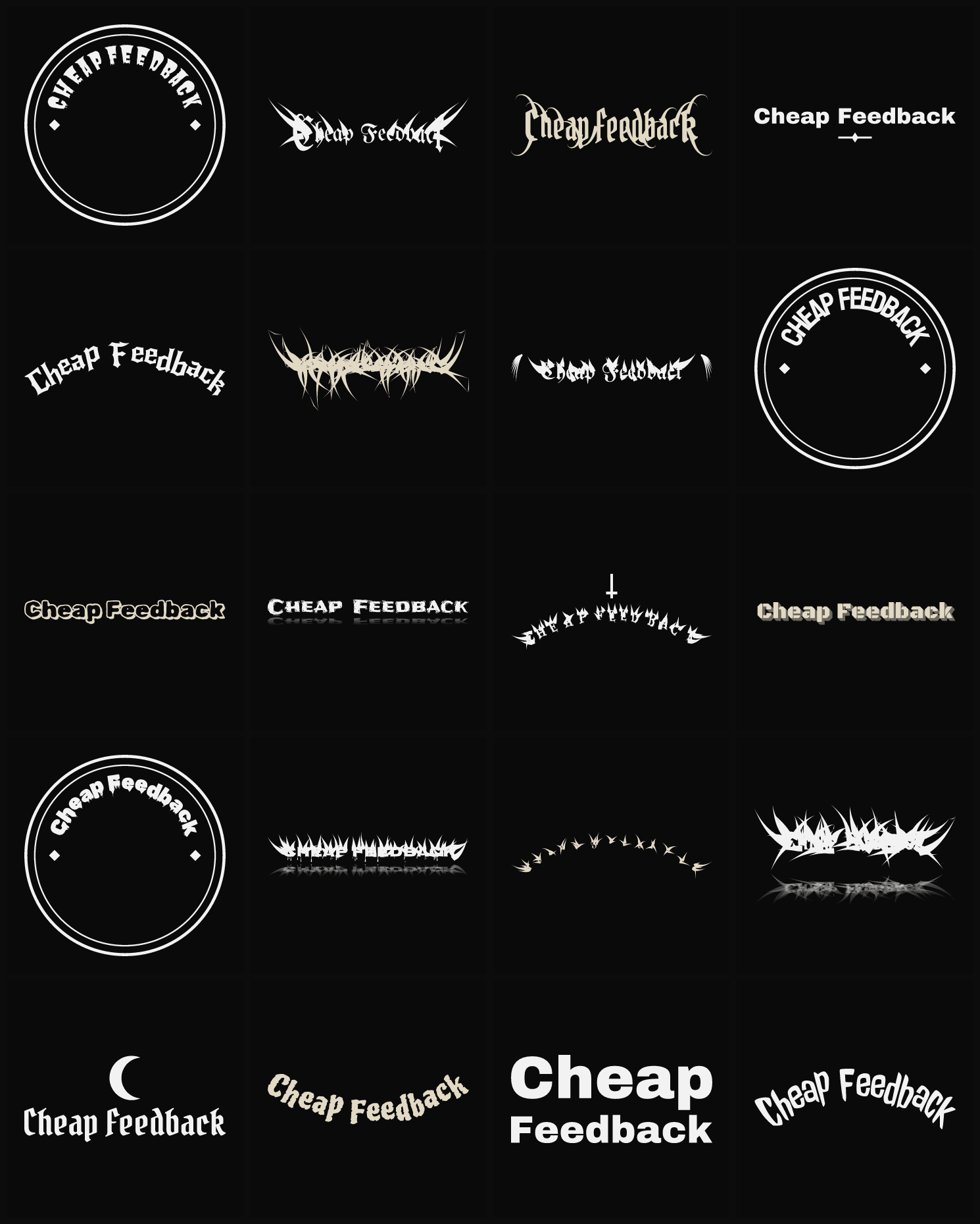 Twenty Cheap Feedback band logo ideas — different faces, treatments and spike settings