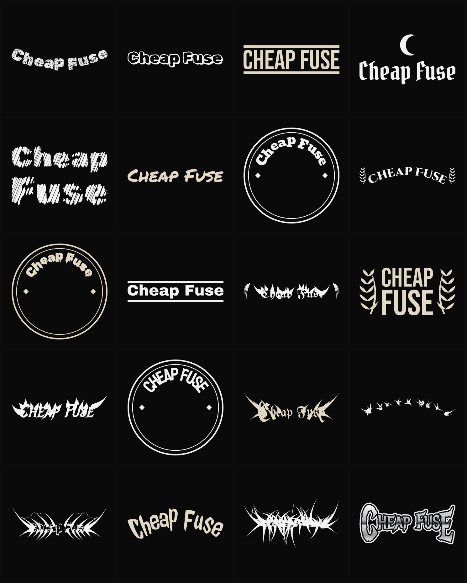 Twenty Cheap Fuse band logo ideas — different faces, treatments and spike settings