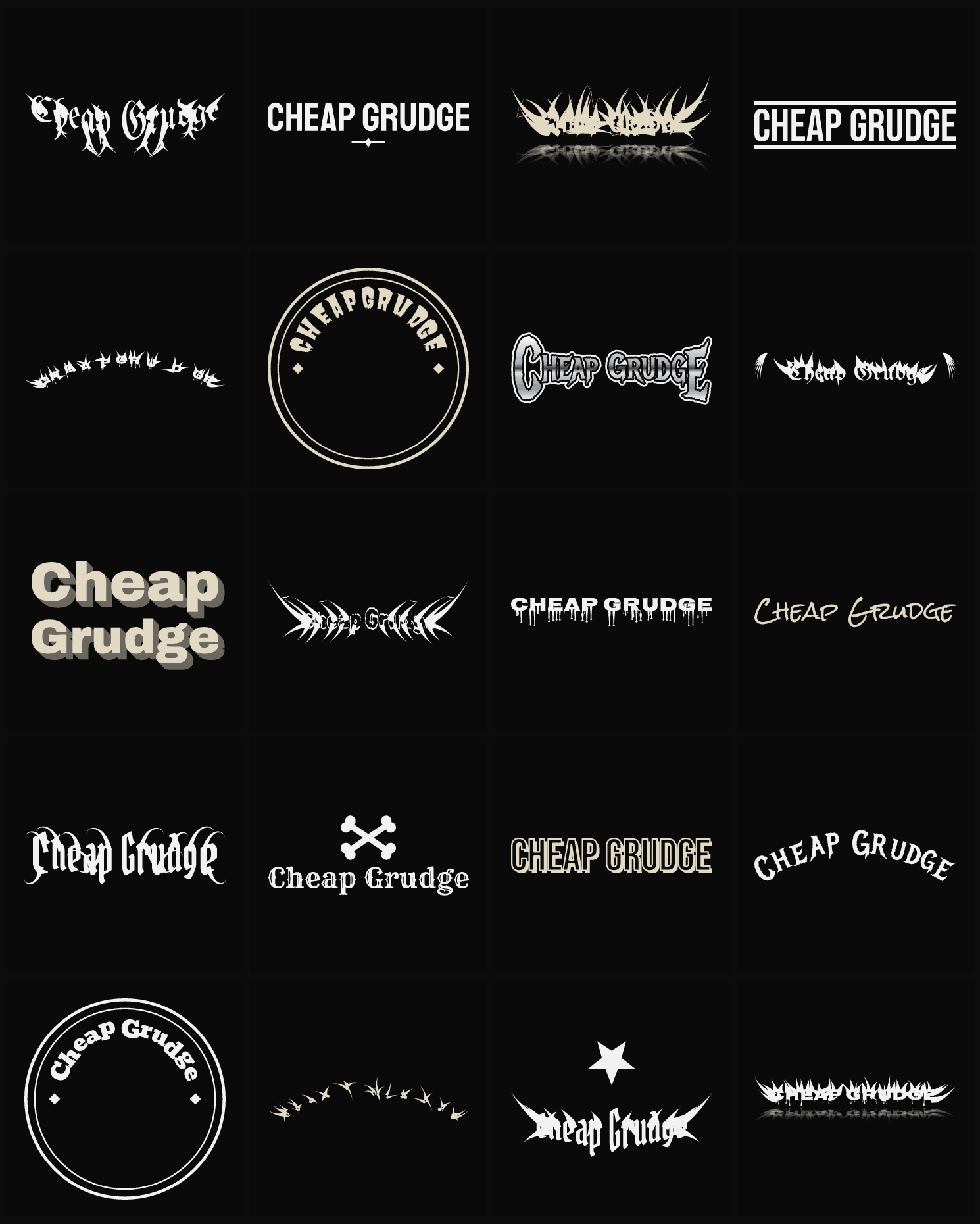 Twenty Cheap Grudge band logo ideas — different faces, treatments and spike settings