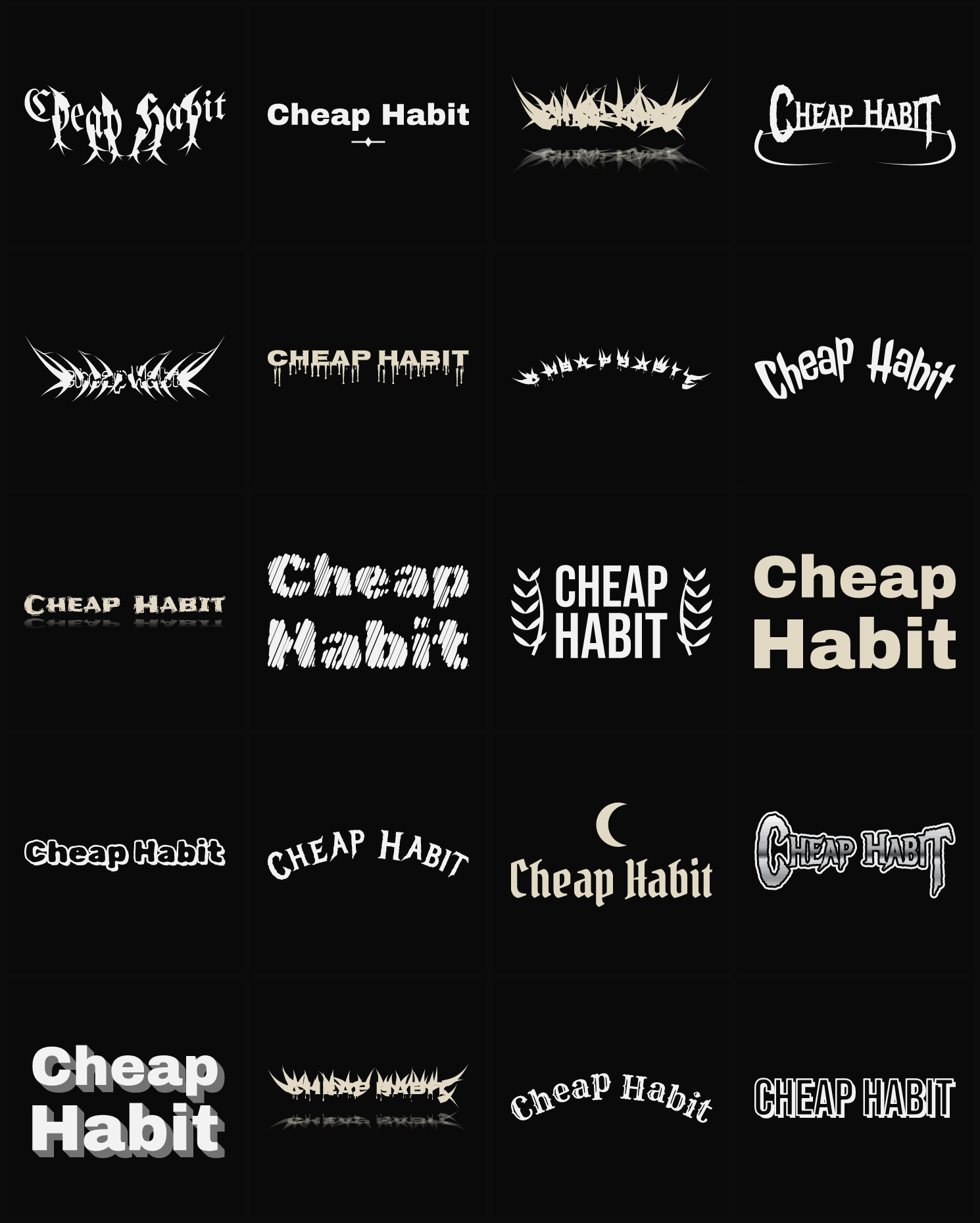 Twenty Cheap Habit band logo ideas — different faces, treatments and spike settings