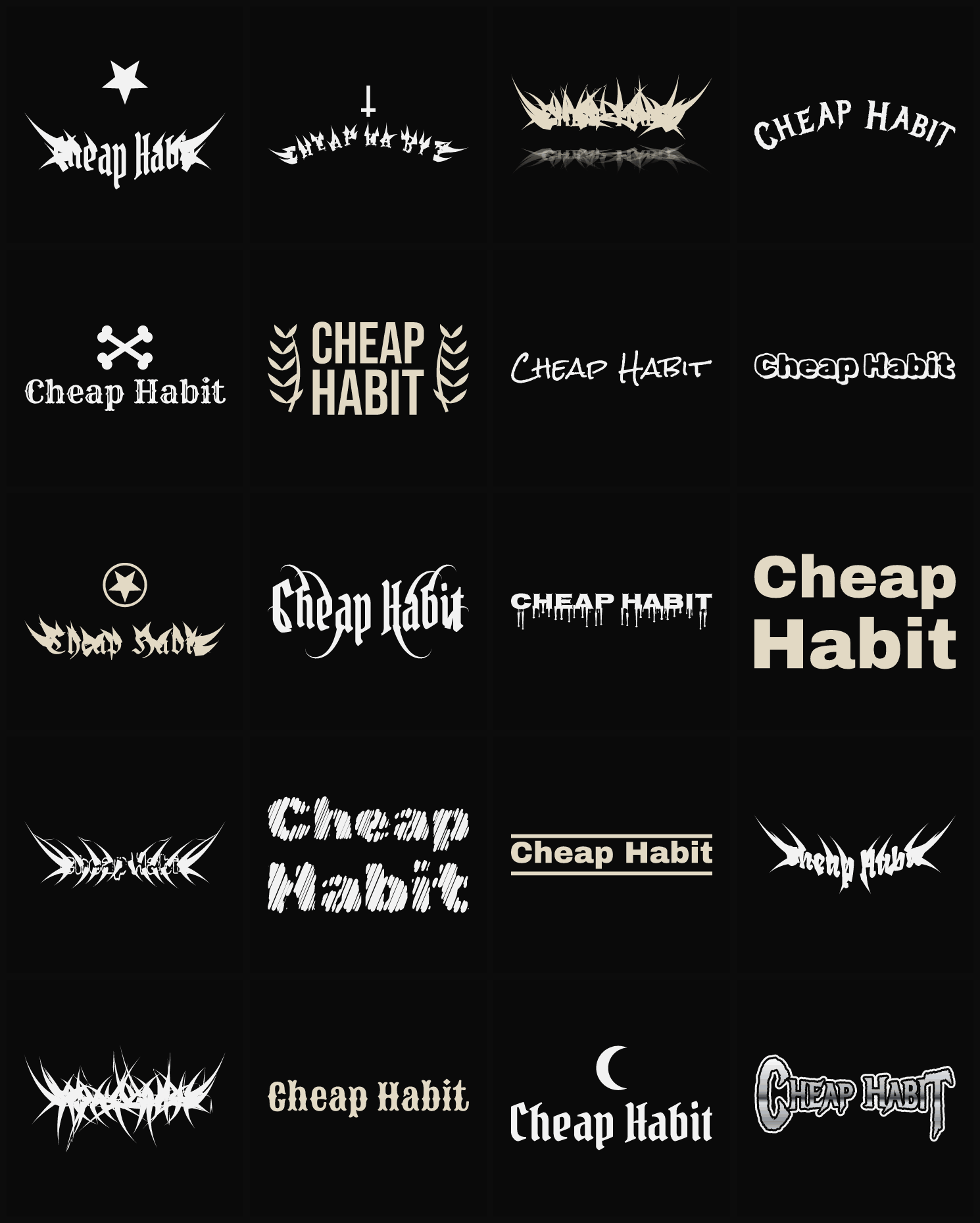 Twenty Cheap Habit band logo ideas — different faces, treatments and spike settings