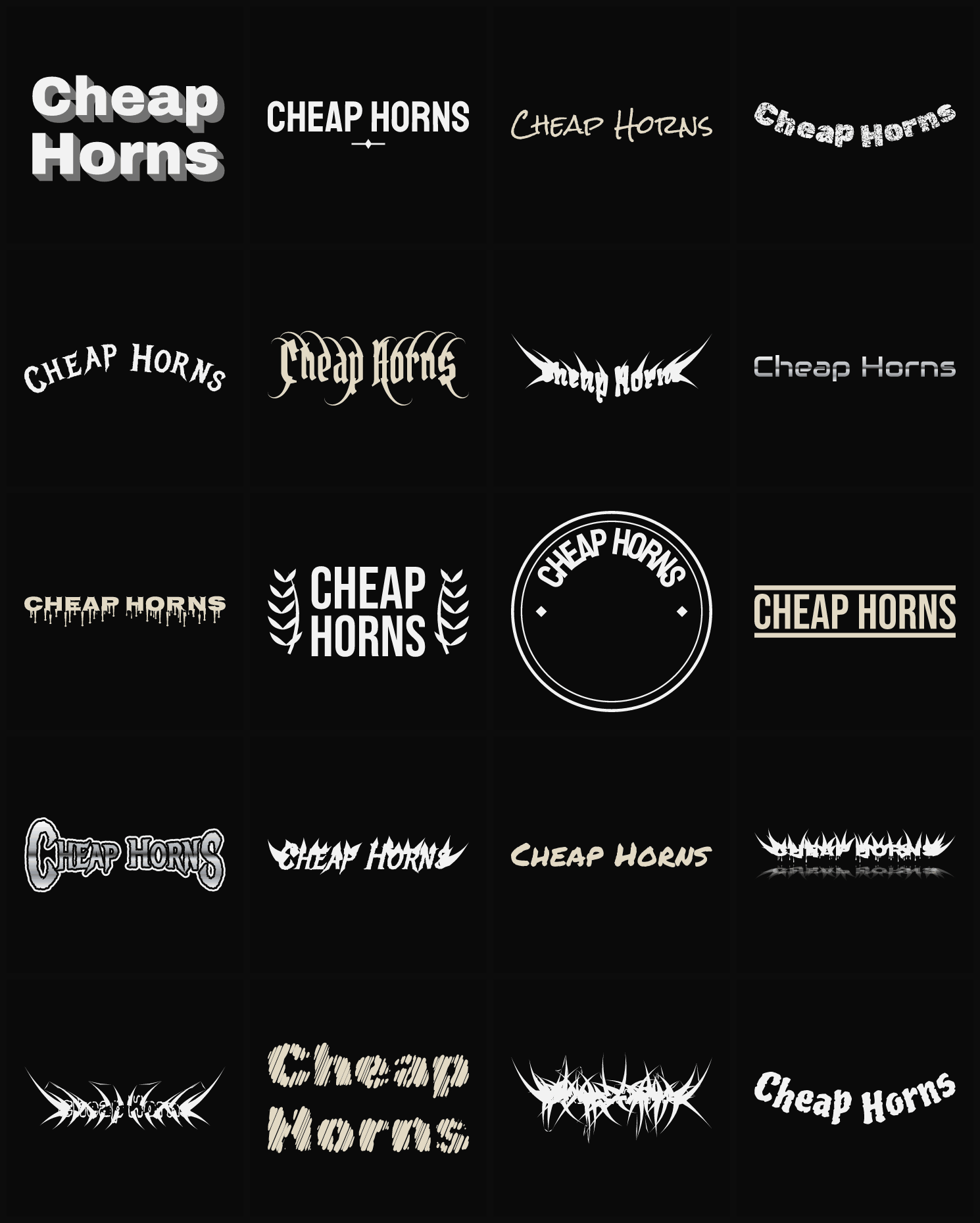 Twenty Cheap Horns band logo ideas — different faces, treatments and spike settings