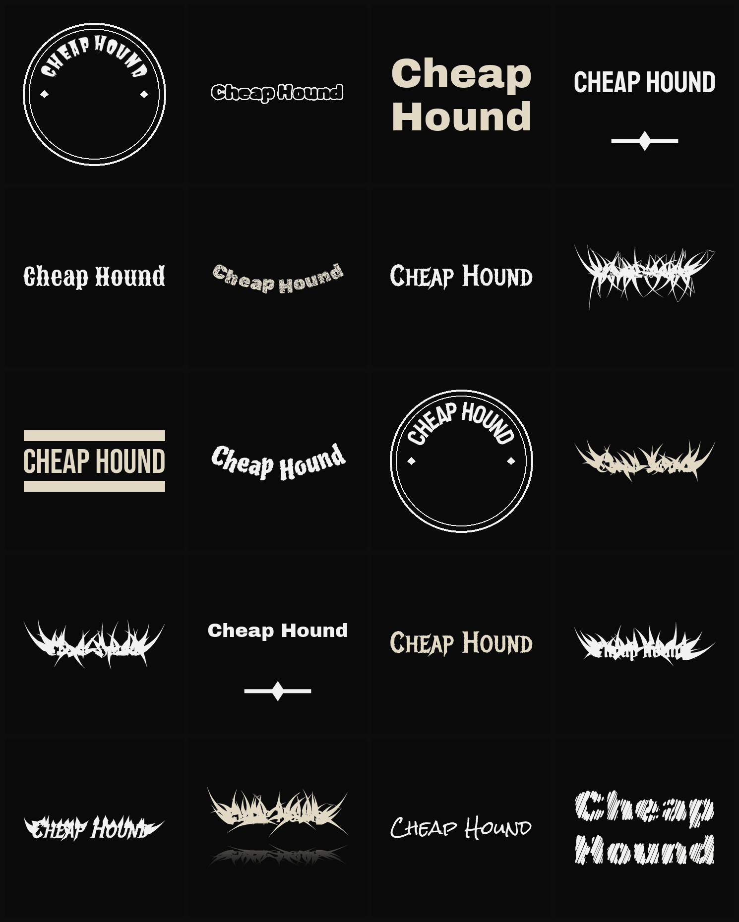 Twenty Cheap Hound band logo ideas — different faces, treatments and spike settings