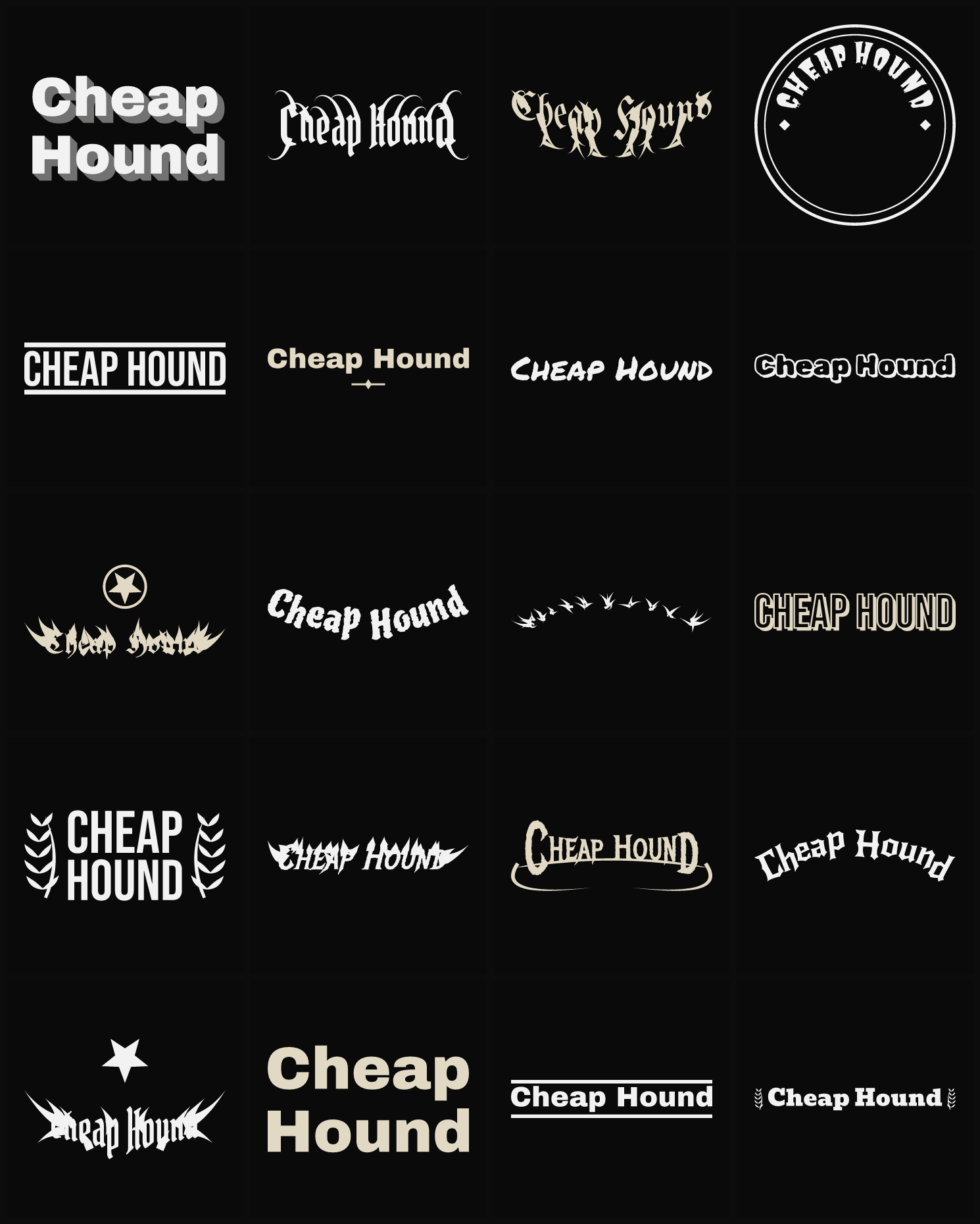 Twenty Cheap Hound band logo ideas — different faces, treatments and spike settings