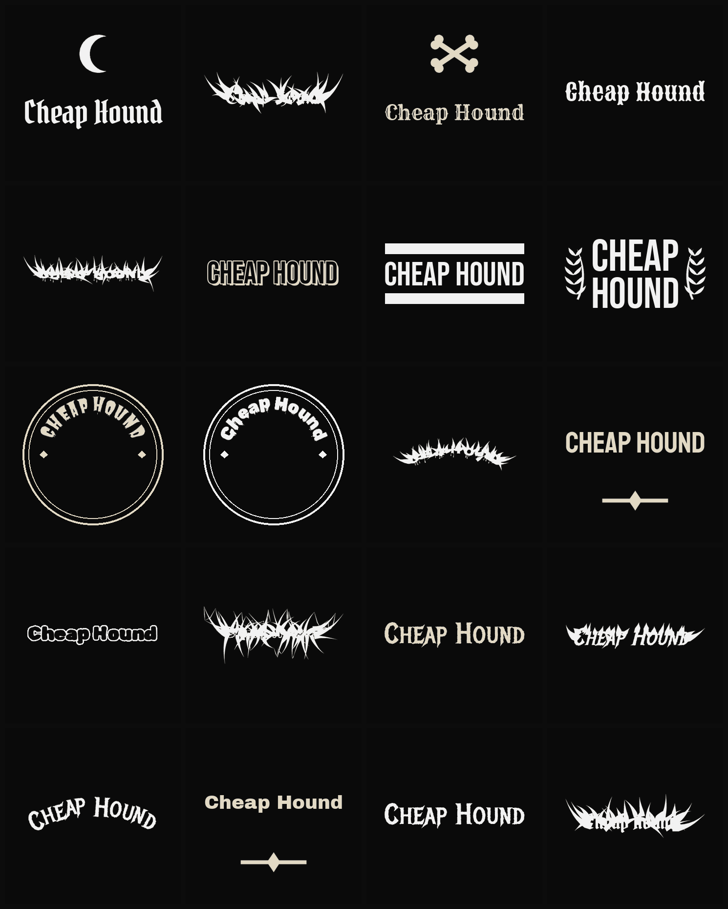 Twenty Cheap Hound band logo ideas — different faces, treatments and spike settings