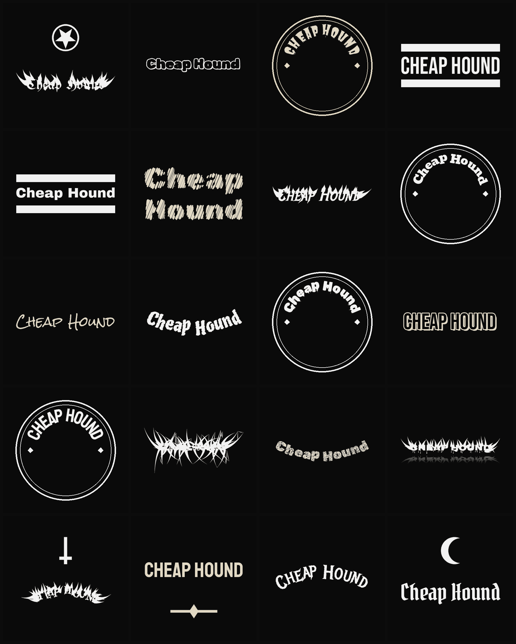 Twenty Cheap Hound band logo ideas — different faces, treatments and spike settings