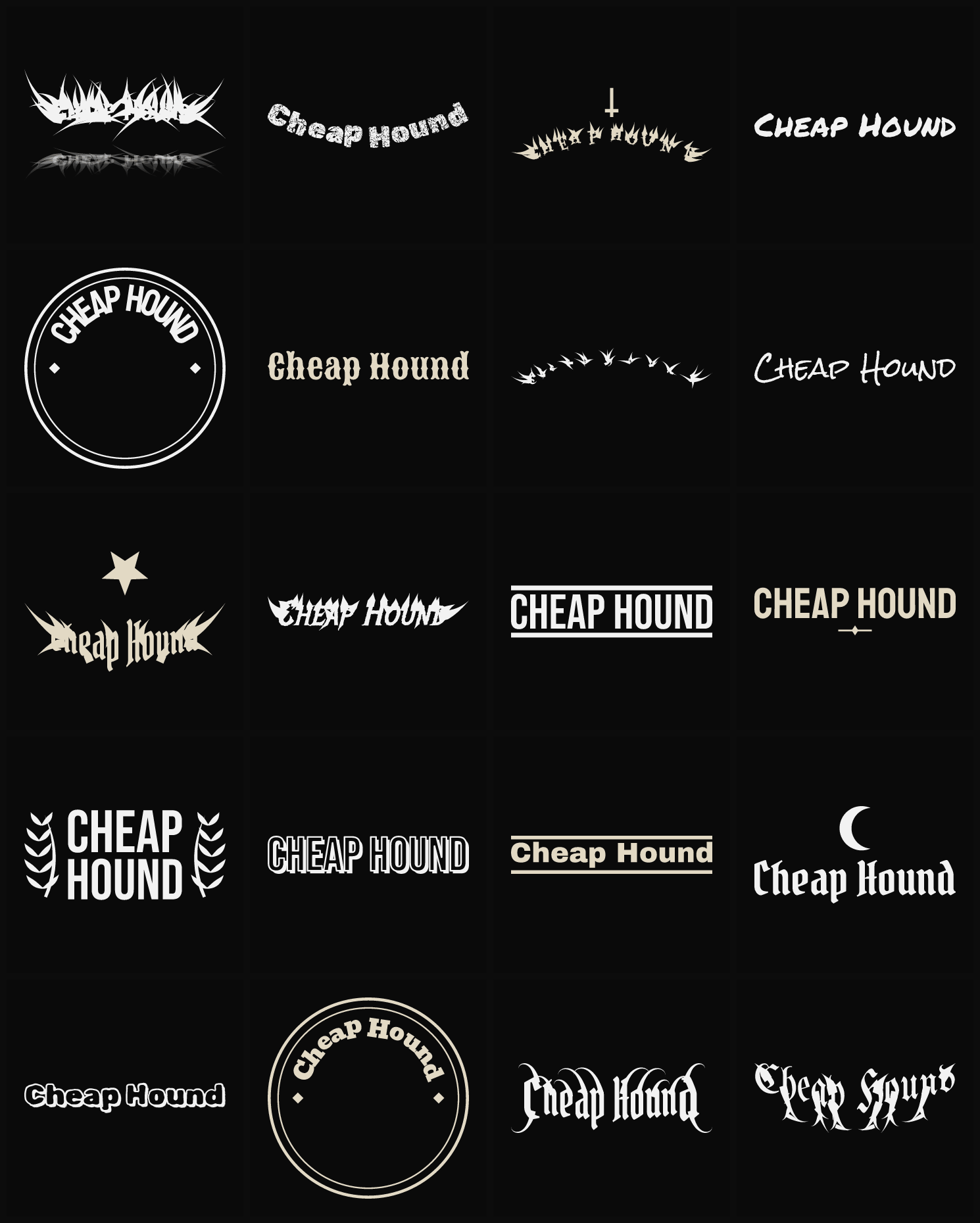 Twenty Cheap Hound band logo ideas — different faces, treatments and spike settings