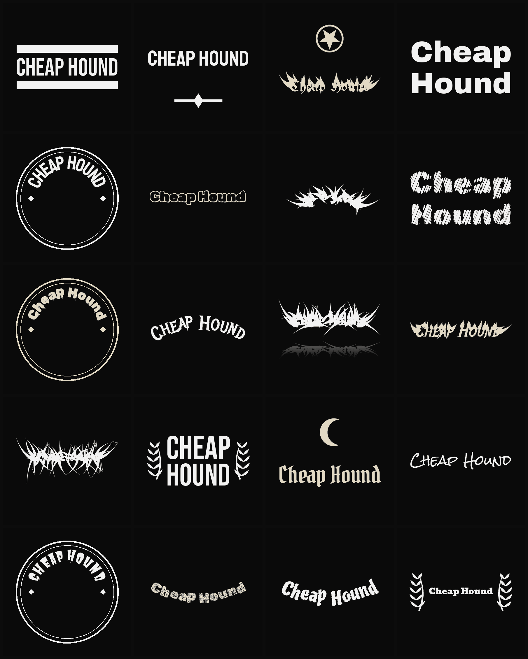 Twenty Cheap Hound band logo ideas — different faces, treatments and spike settings