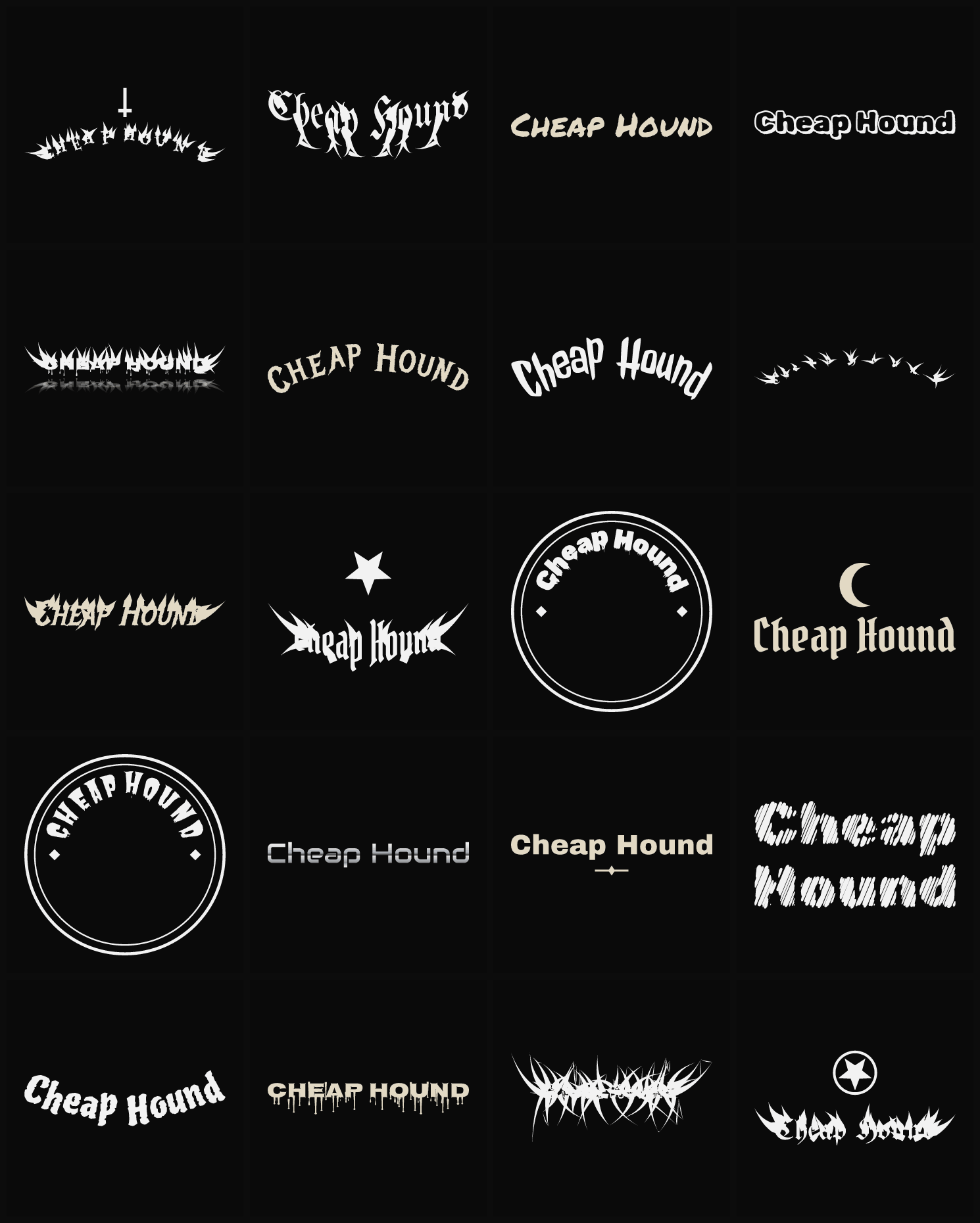Twenty Cheap Hound band logo ideas — different faces, treatments and spike settings