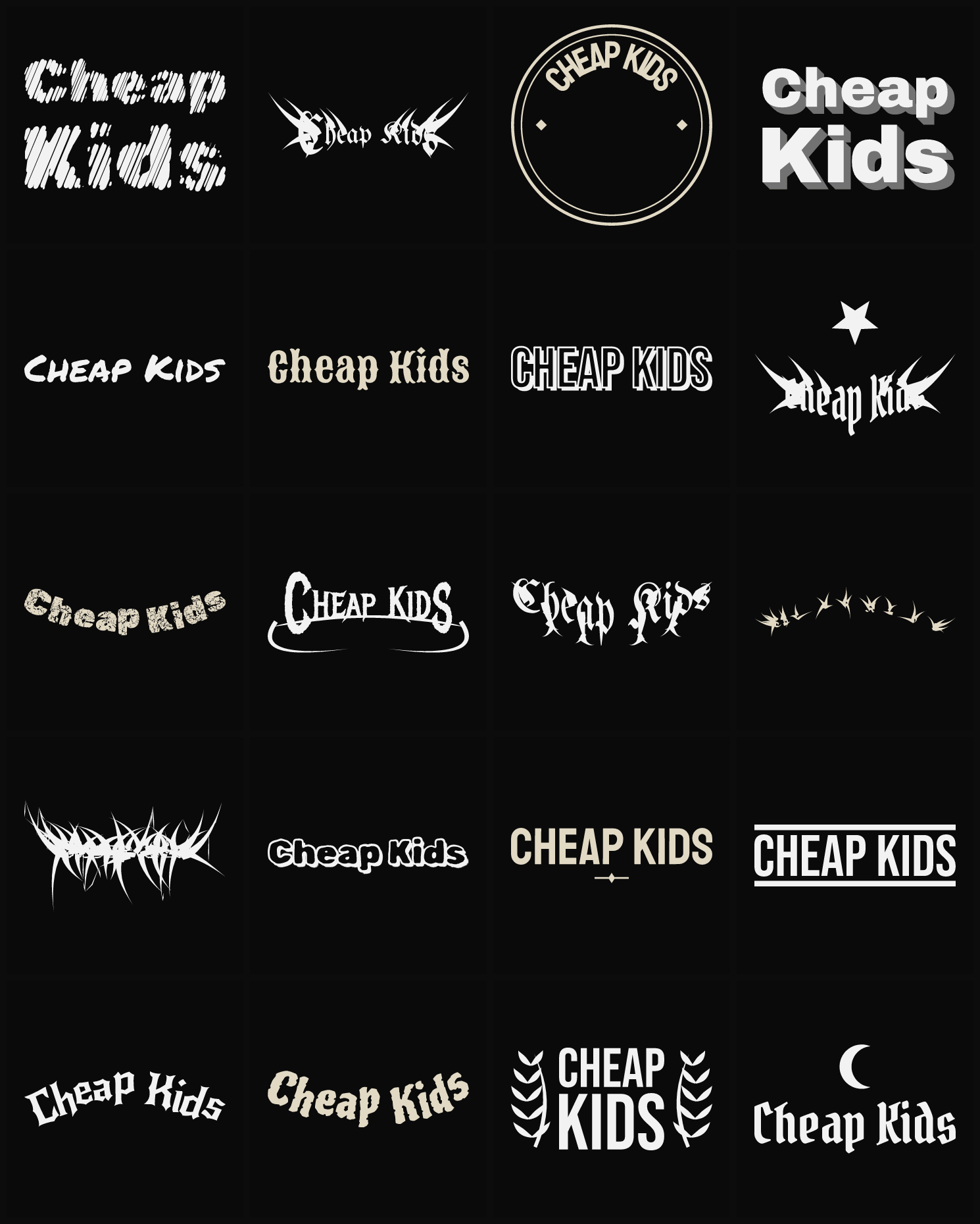 Twenty Cheap Kids band logo ideas — different faces, treatments and spike settings