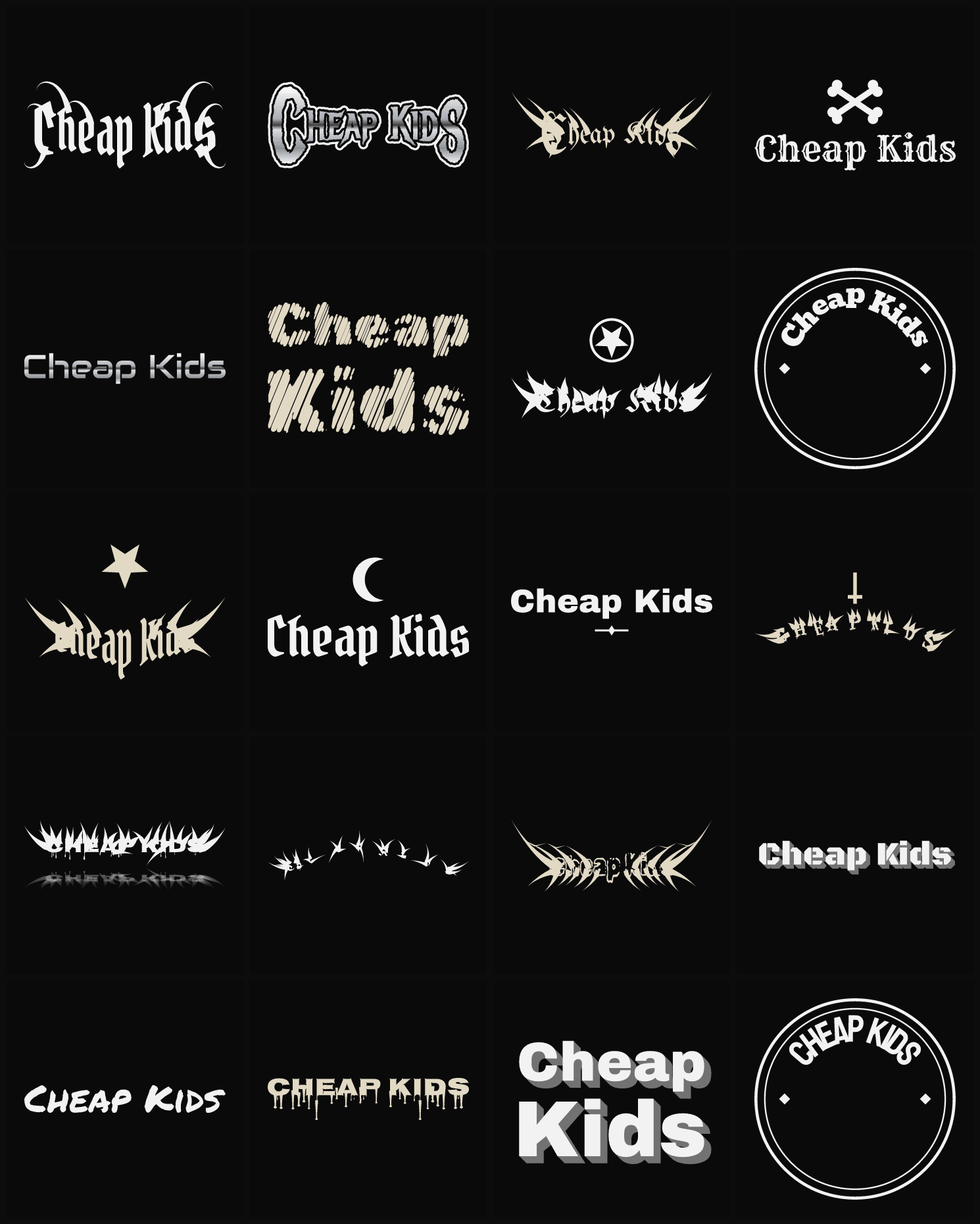 Twenty Cheap Kids band logo ideas — different faces, treatments and spike settings