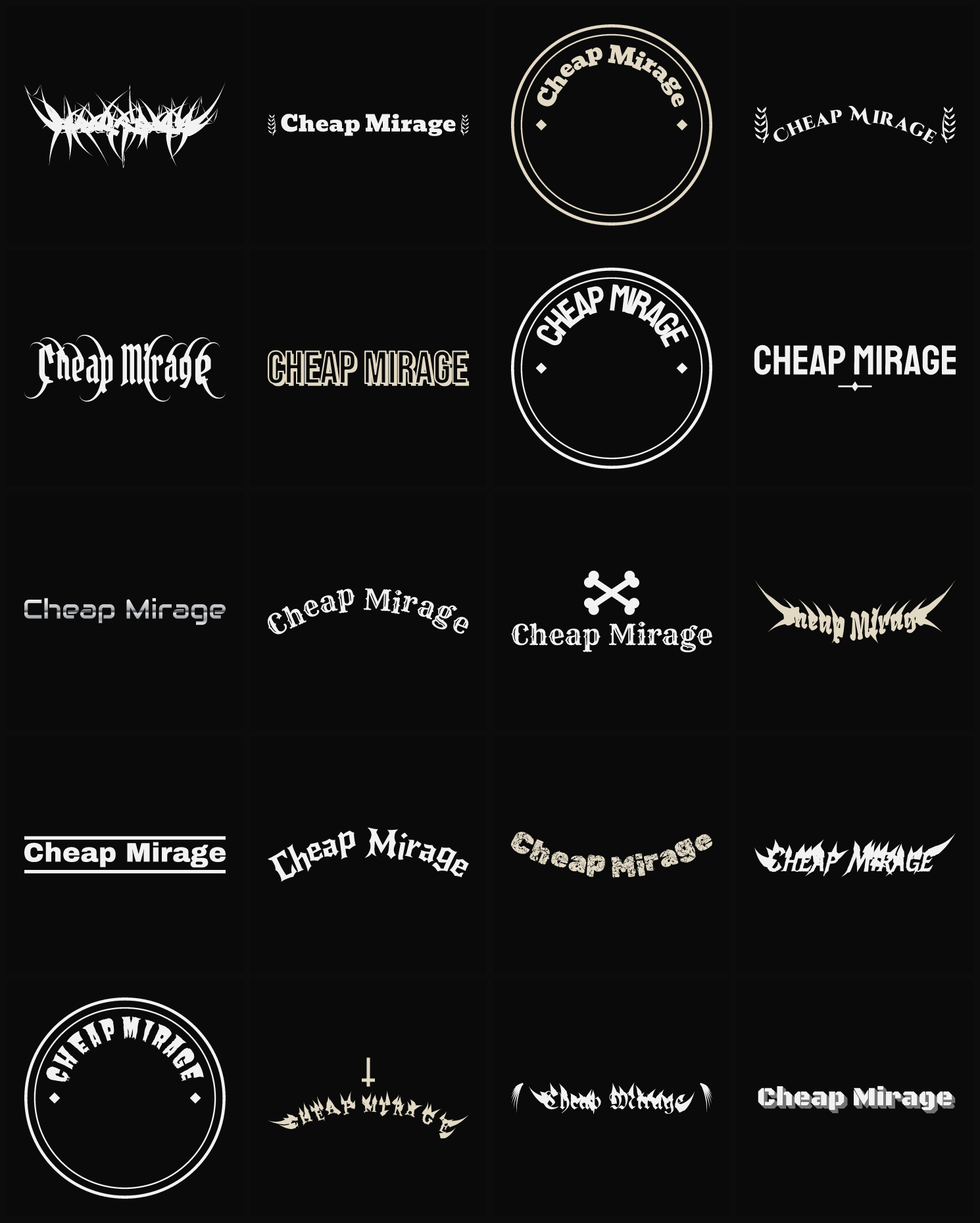 Twenty Cheap Mirage band logo ideas — different faces, treatments and spike settings