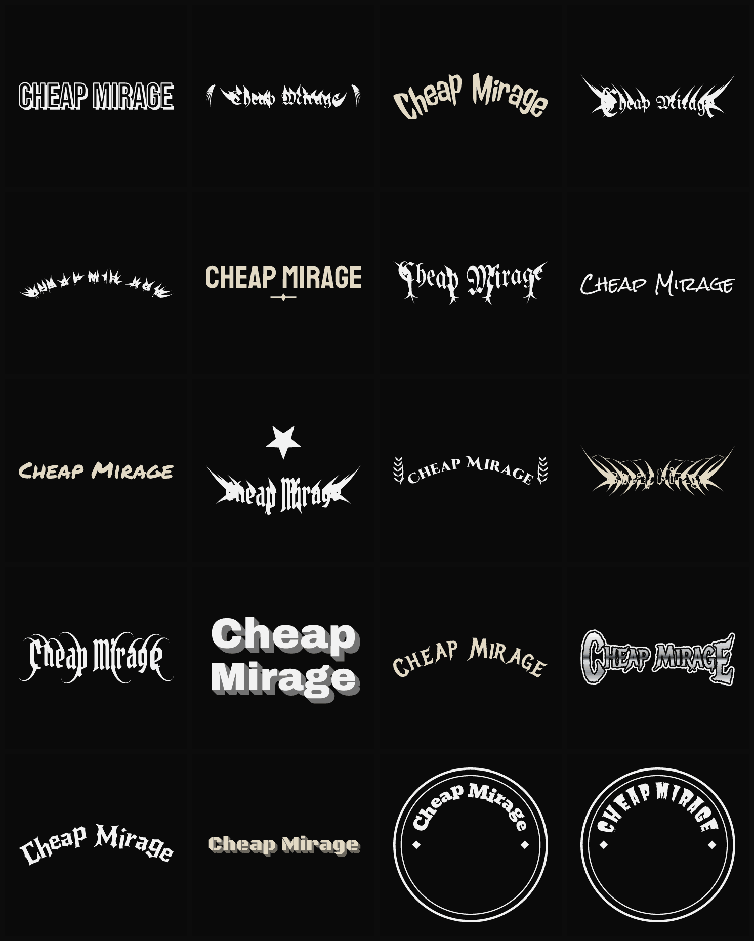 Twenty Cheap Mirage band logo ideas — different faces, treatments and spike settings