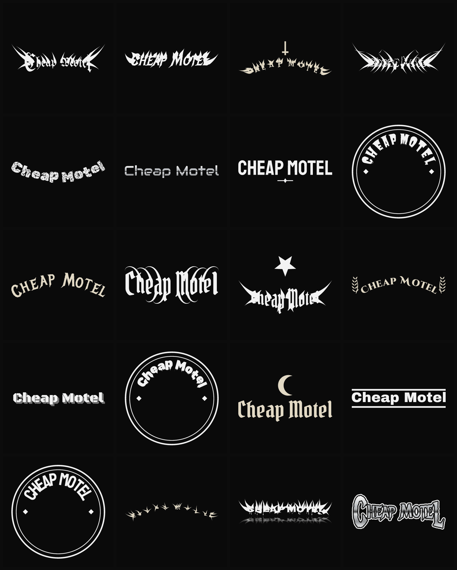 Twenty Cheap Motel band logo ideas — different faces, treatments and spike settings