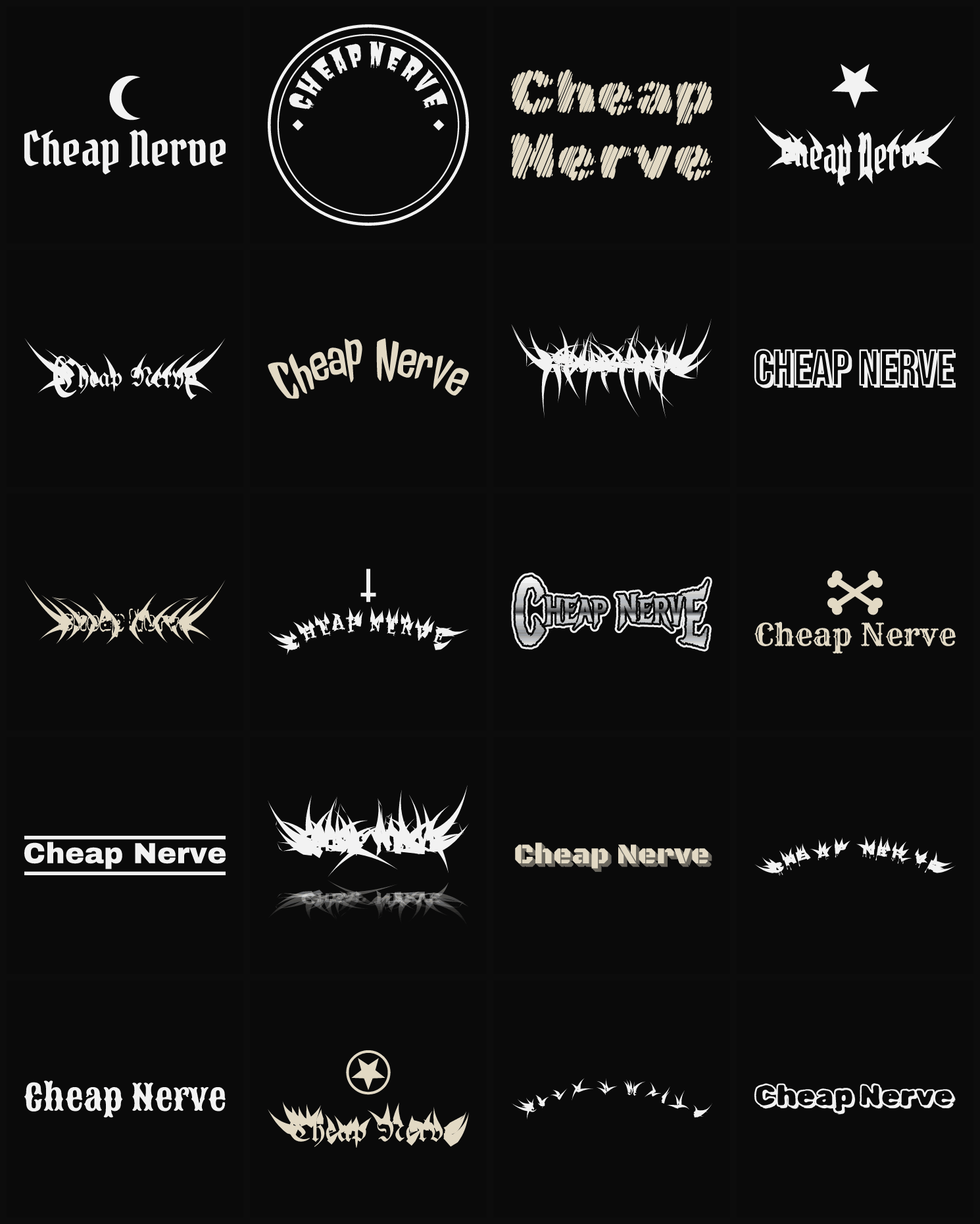 Twenty Cheap Nerve band logo ideas — different faces, treatments and spike settings