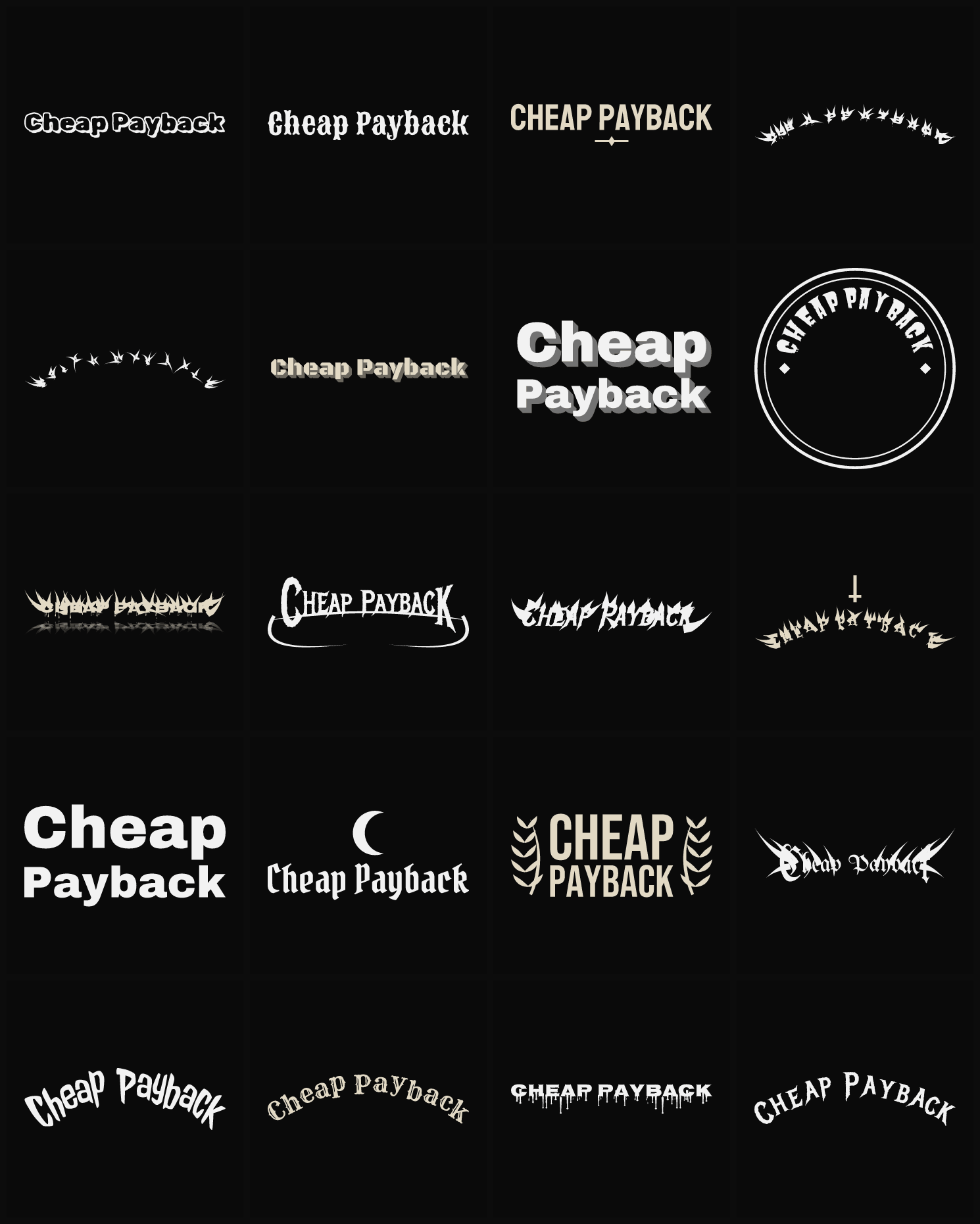Twenty Cheap Payback band logo ideas — different faces, treatments and spike settings
