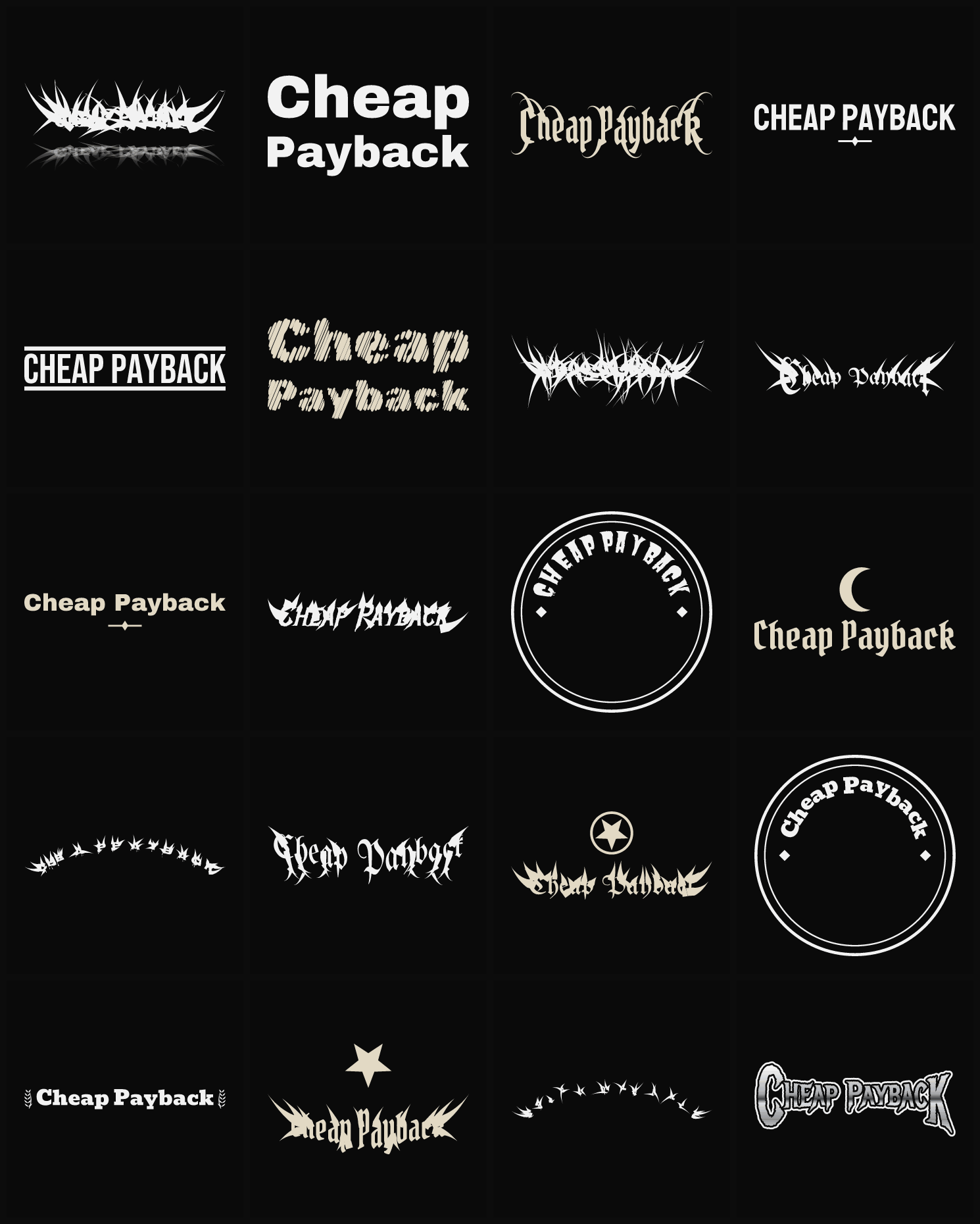 Twenty Cheap Payback band logo ideas — different faces, treatments and spike settings